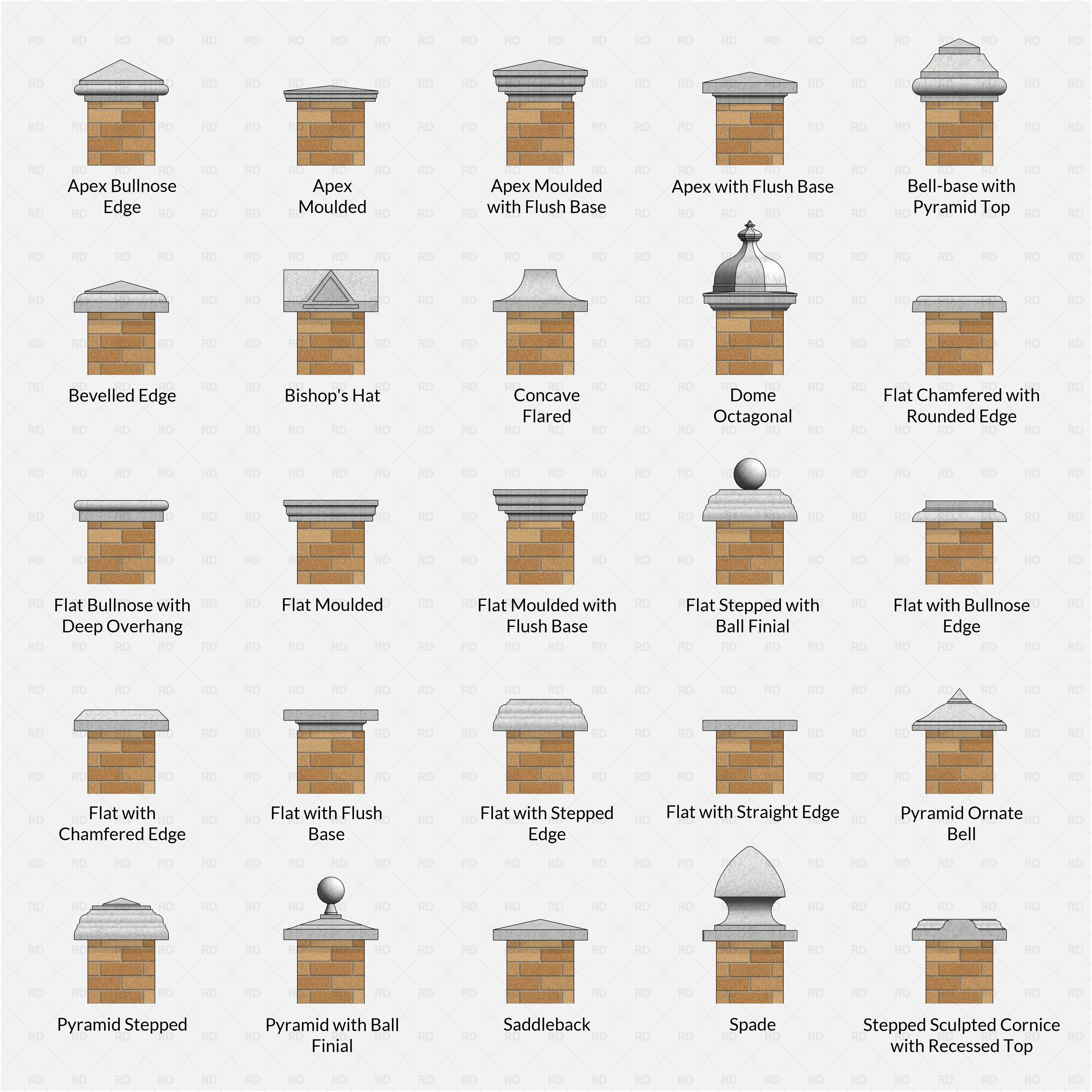 Revit Pier Caps RD Studio BIM Blocks RFA - Grid Of 25 Pier Cap Styles With Type Names