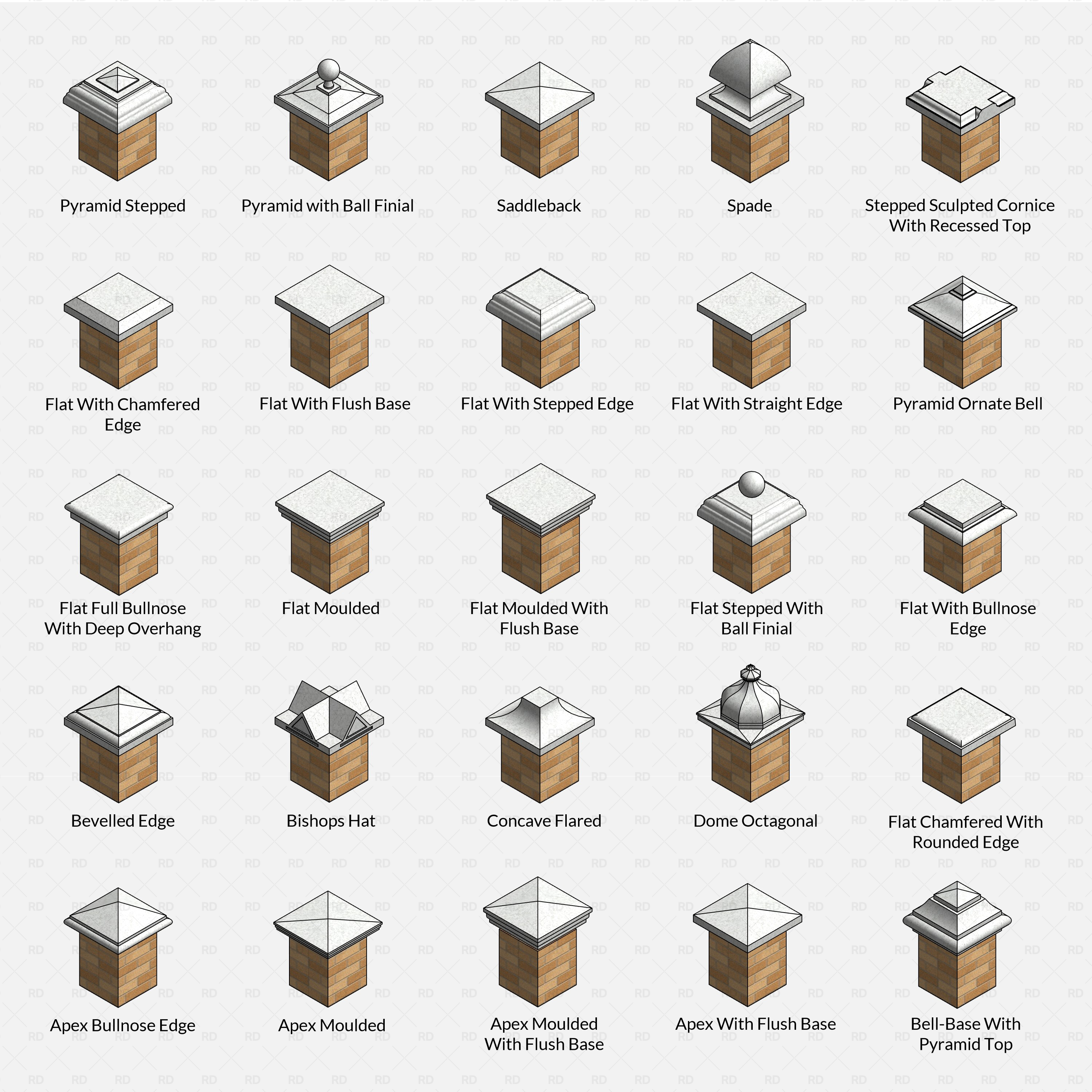 Revit Pier Caps RD Studio BIM Blocks RFA - 3D Isometric Display Showing Complete Pier Cap Collection