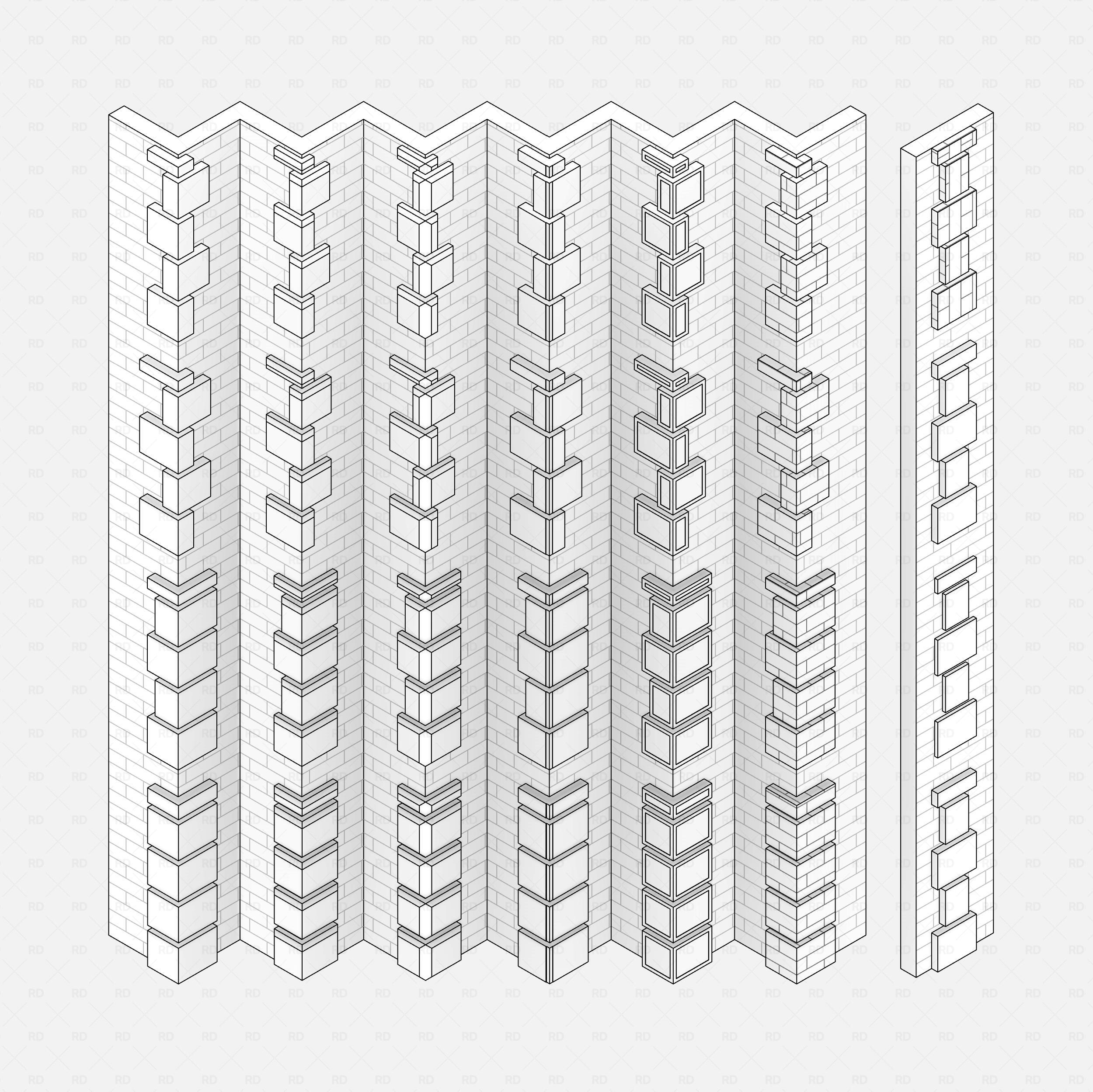 revit wall quoins RD Studio BIM blocks rfa — Hidden-Line Overview Of All Wall Quoin Shapes On Sample Walls
