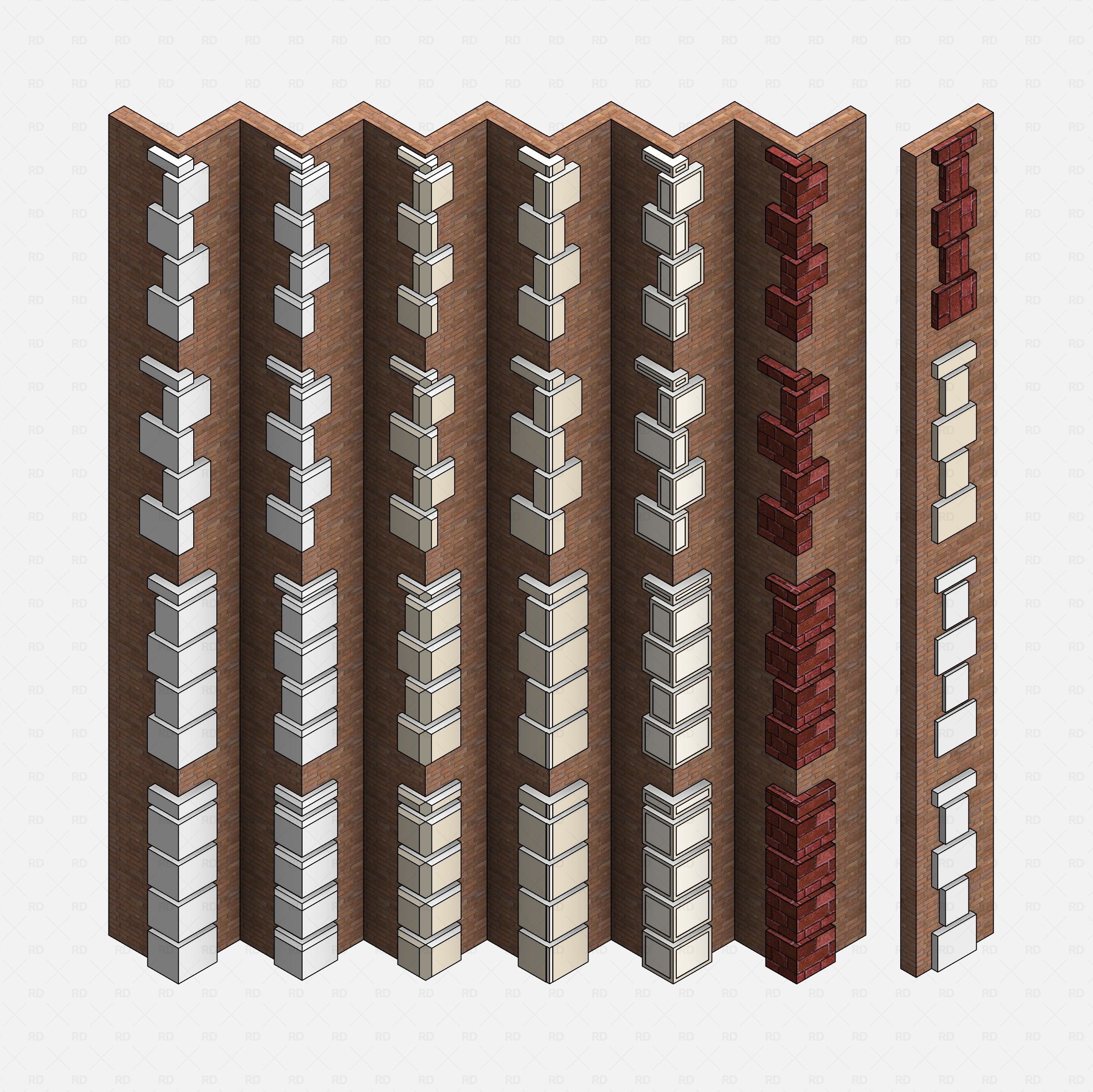 revit wall quoins RD Studio BIM blocks rfa — Rendered Overview Of All Wall Quoin Shapes And Materials On Brick Walls
