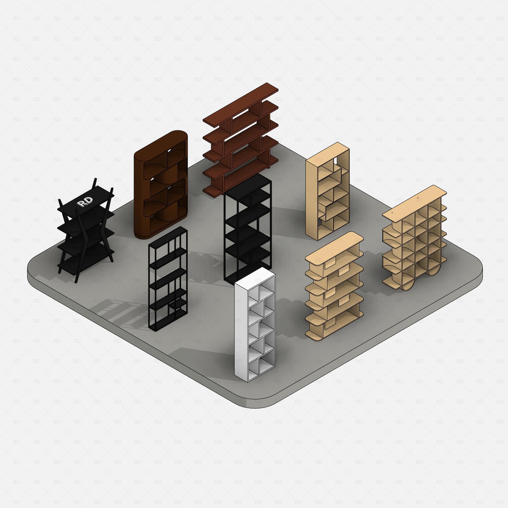 Revit shelving collection with consistent color scheme – 3D isometric view of black, brown, and wood-tone bookcase families