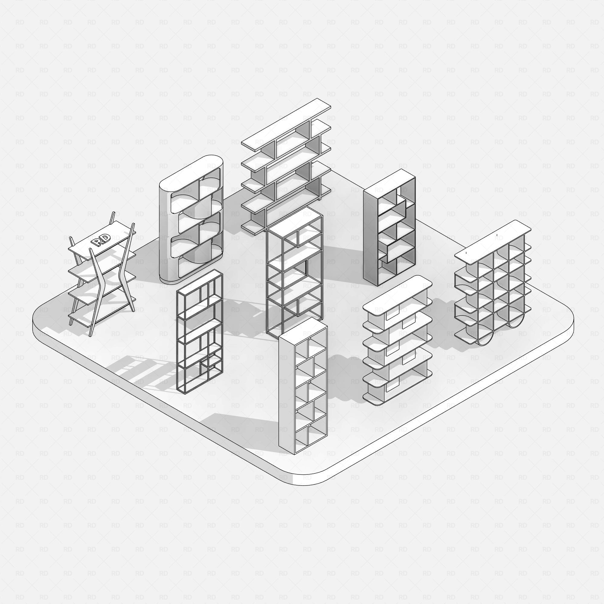 Isometric Revit shelving family collection in hidden line view – 9 parametric bookcases and retail display shelves for Revit 2020+