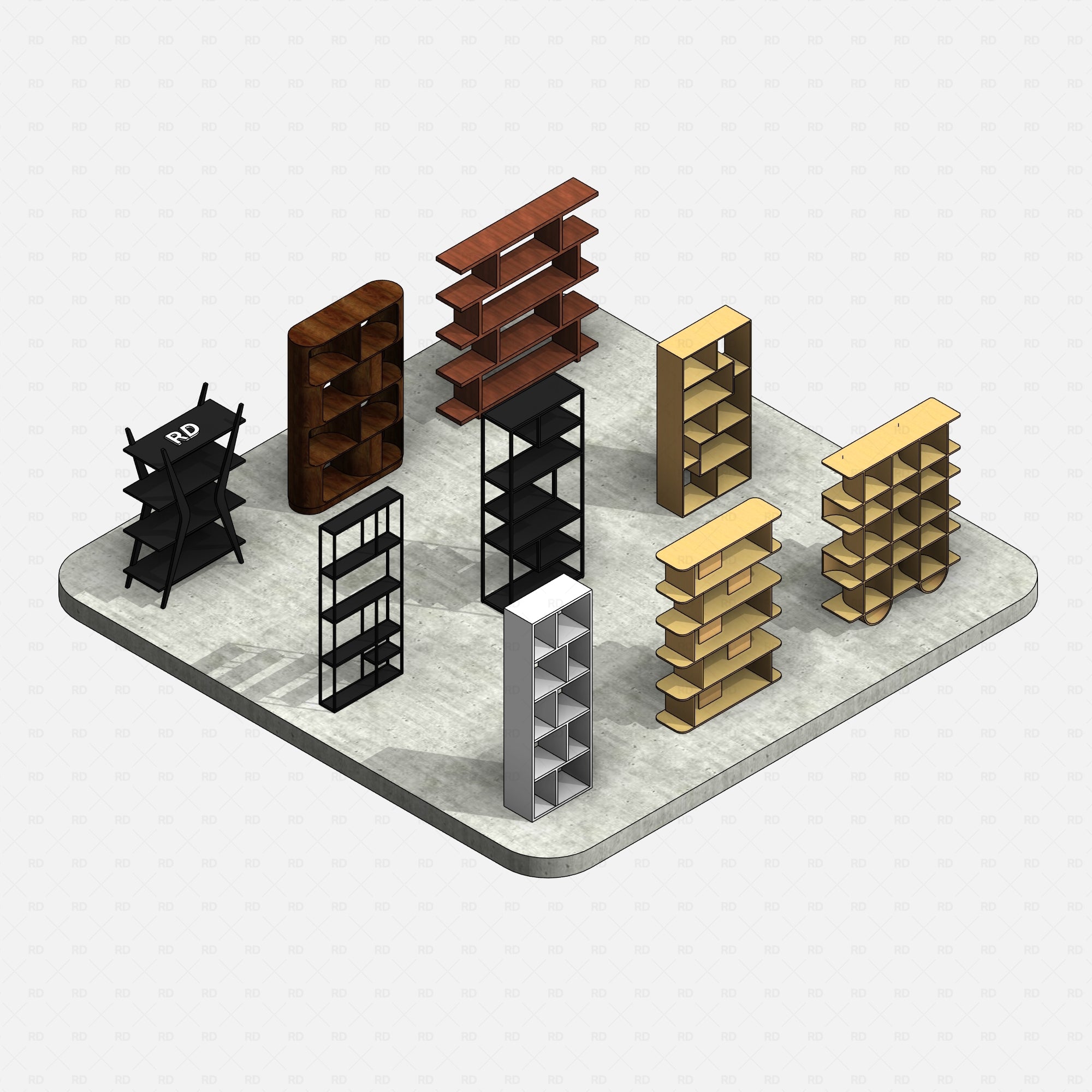 Revit family pack of shelving units displayed on a concrete platform – 9 editable shelves for architecture and interiors