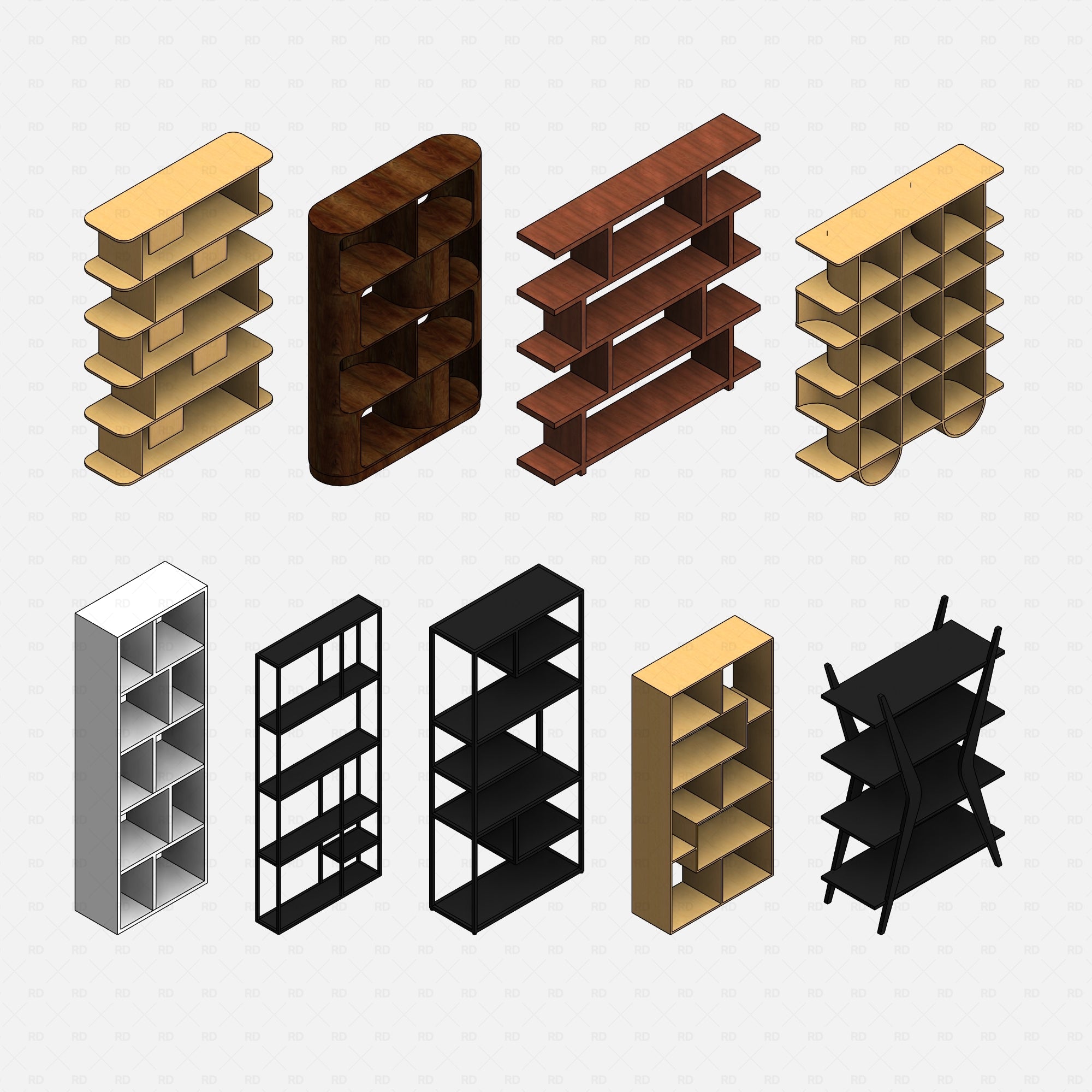 Front view of Revit shelving family collection – a grid of 9 modular bookcases and display shelf types