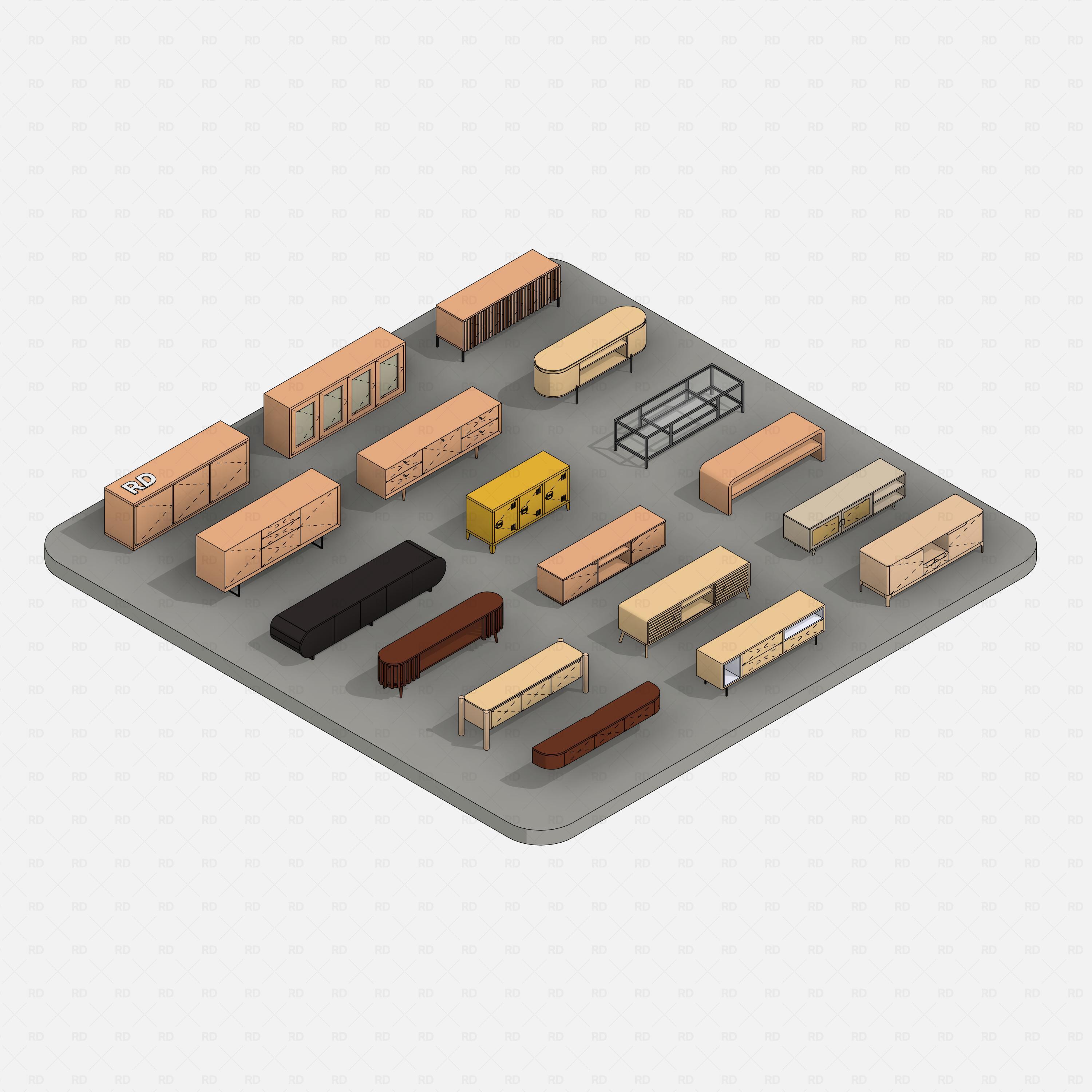 revit tv stands RD Studio BIM blocks rfa β Collection Of 20 TV Stand Families On Concrete Base, Consistent Colors
