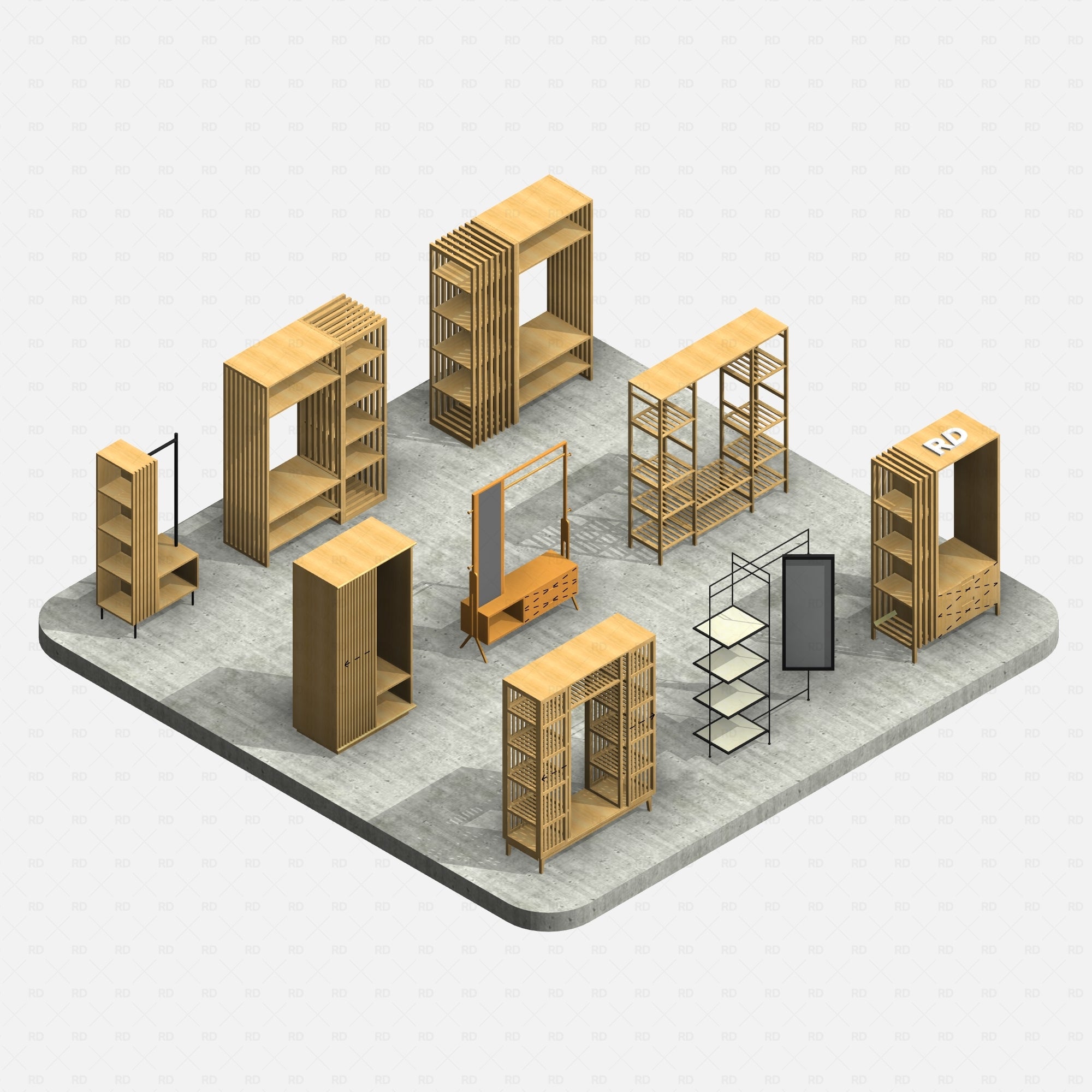 Revit wardrobe family collection – 9 diverse open wardrobe models for retail and residential projects, including slatted, mirrored, and display wardrobes.