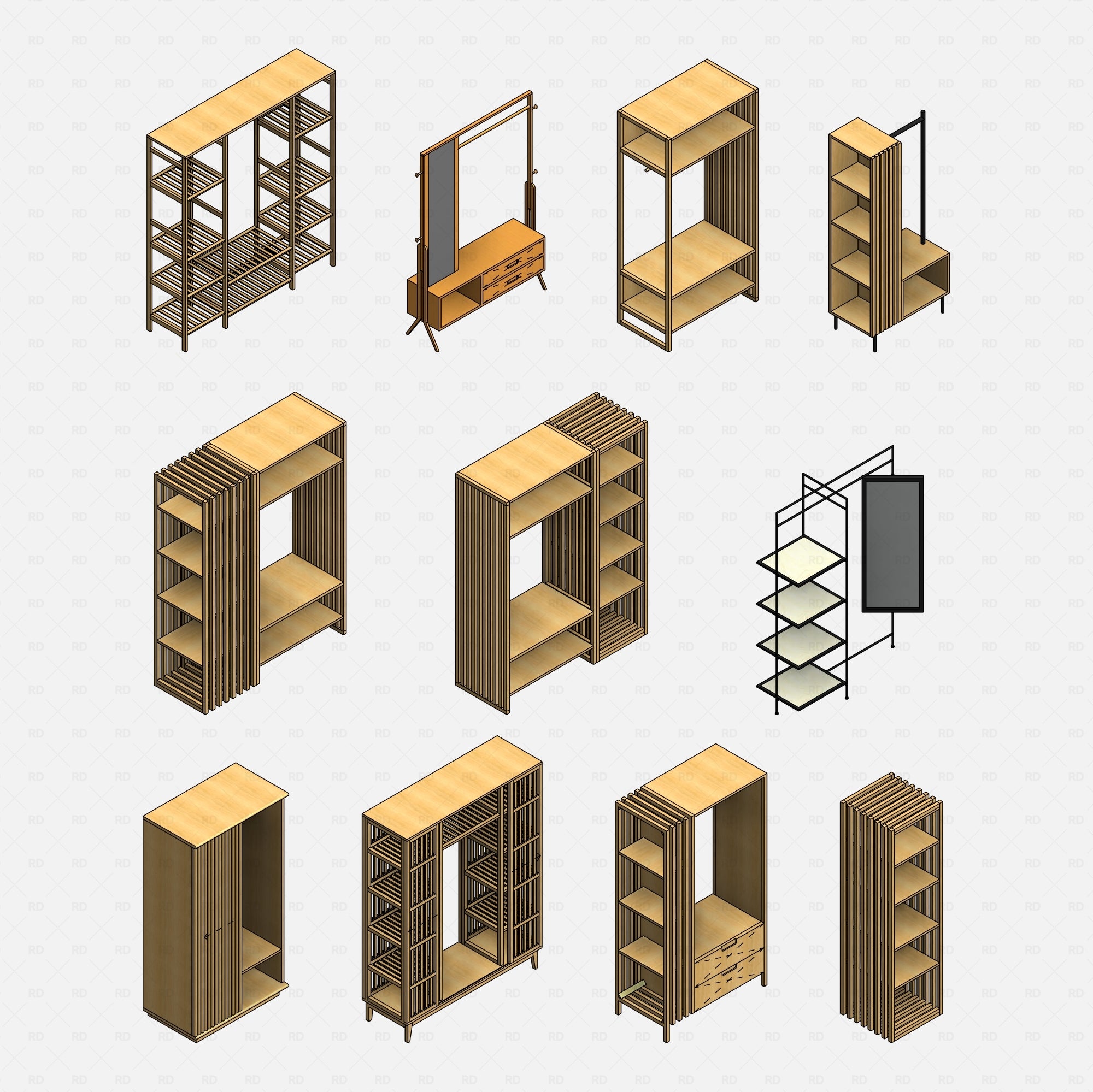 Parametric Revit open wardrobe with adjustable shelves, customizable materials, and clean symbolic views for architectural projects.