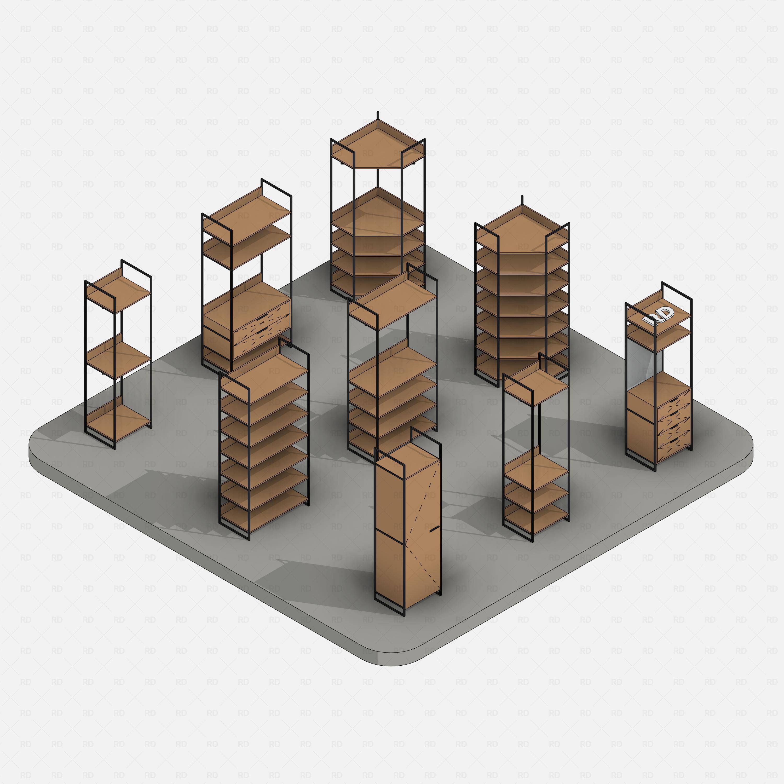 Revit Open Wardrobe System 01 RD Studio BIM Blocks RFA, Colored Concept Set On Dark Base Platform