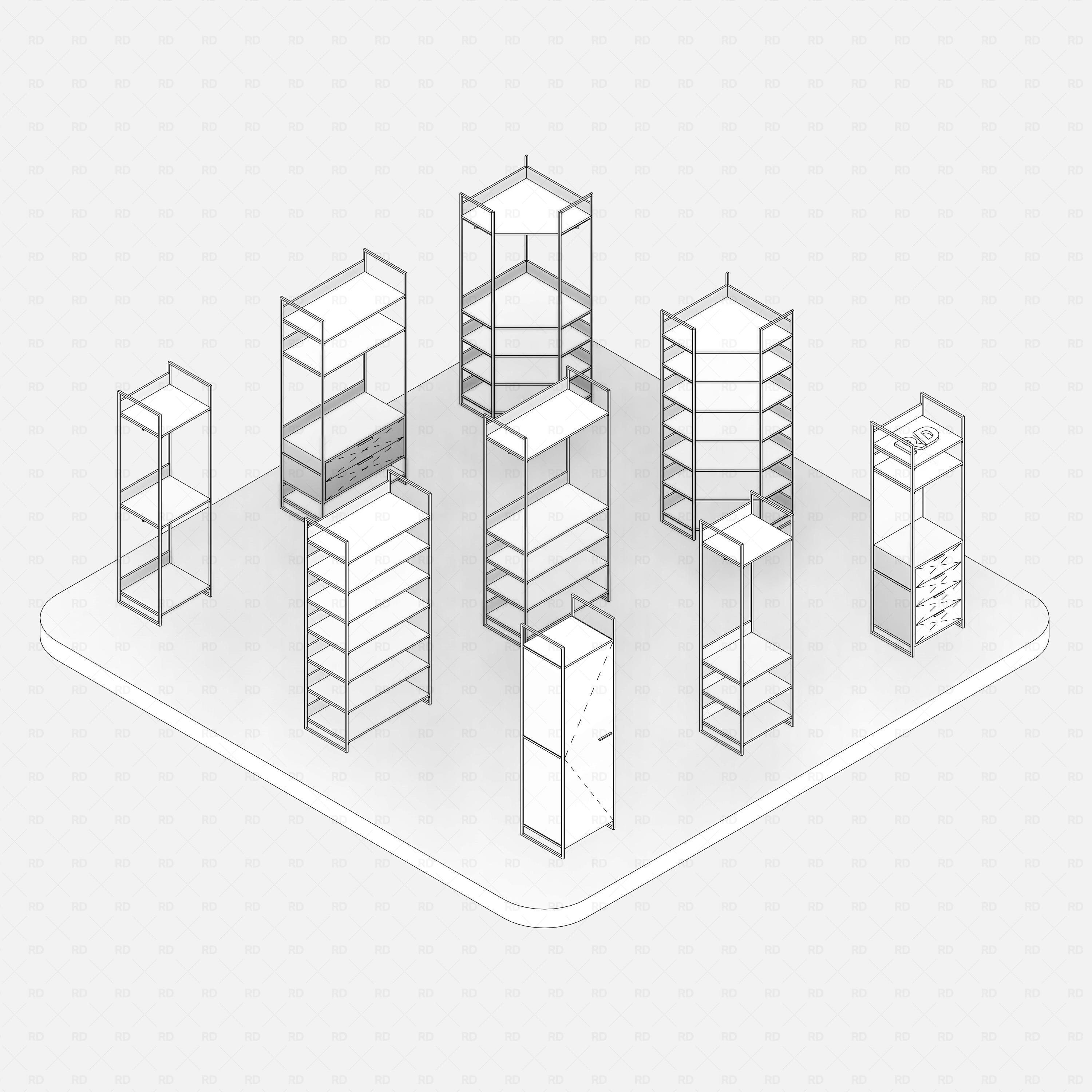 Revit Open Wardrobe System 01 RD Studio BIM Blocks RFA, Hidden-Line Overview Of All Units On Light Base