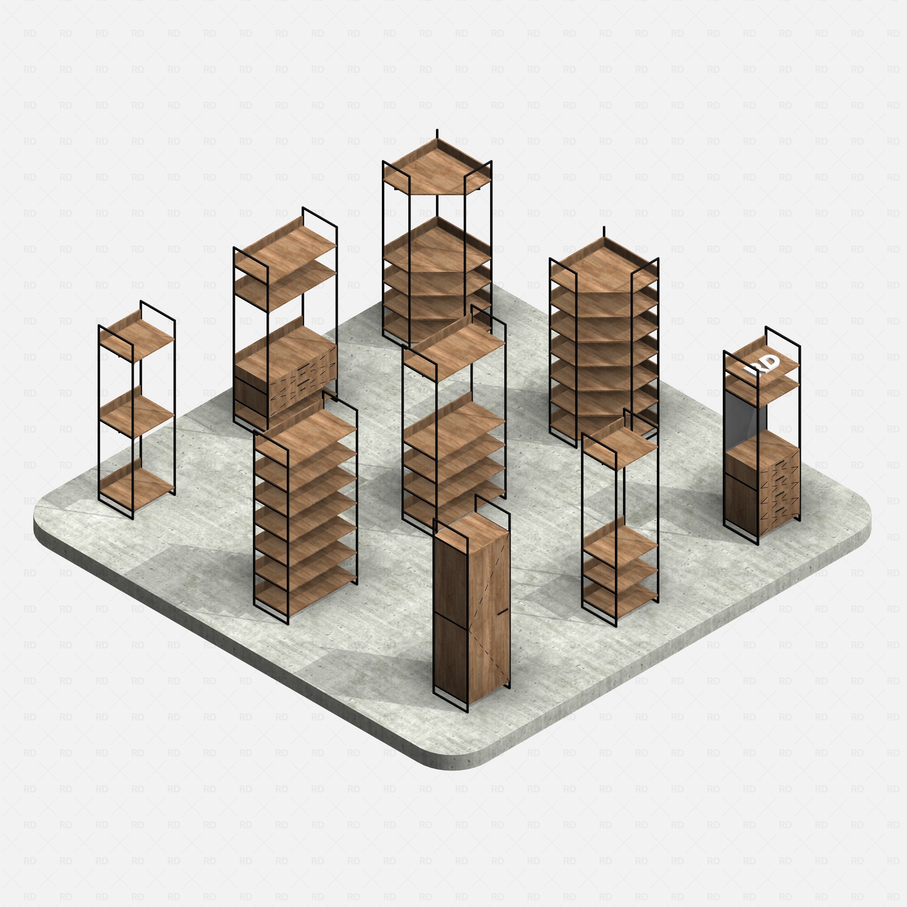 Revit Open Wardrobe System 01 RD Studio BIM Blocks RFA, Realistic Rendered Set On Concrete Base Platform