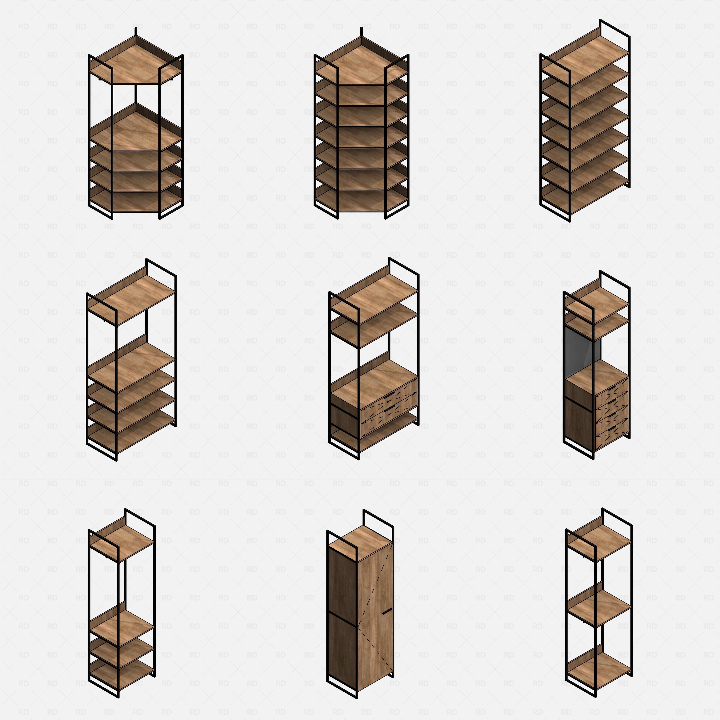 Revit Open Wardrobe System 01 RD Studio BIM Blocks RFA, Grid Of Nine Modular Units In Isometric On White