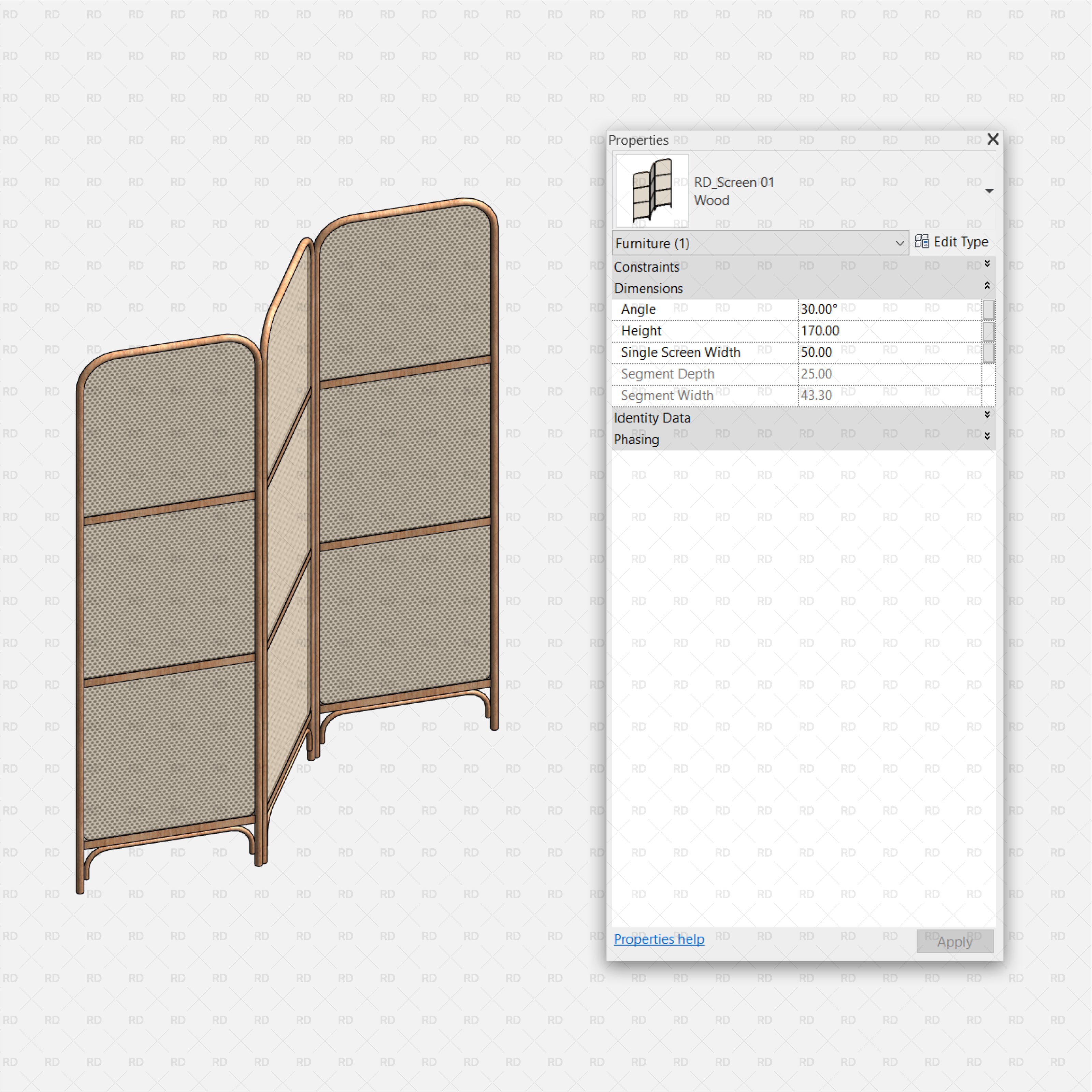Triple-Panel Folding Divider with Wooden Frames revit screen family