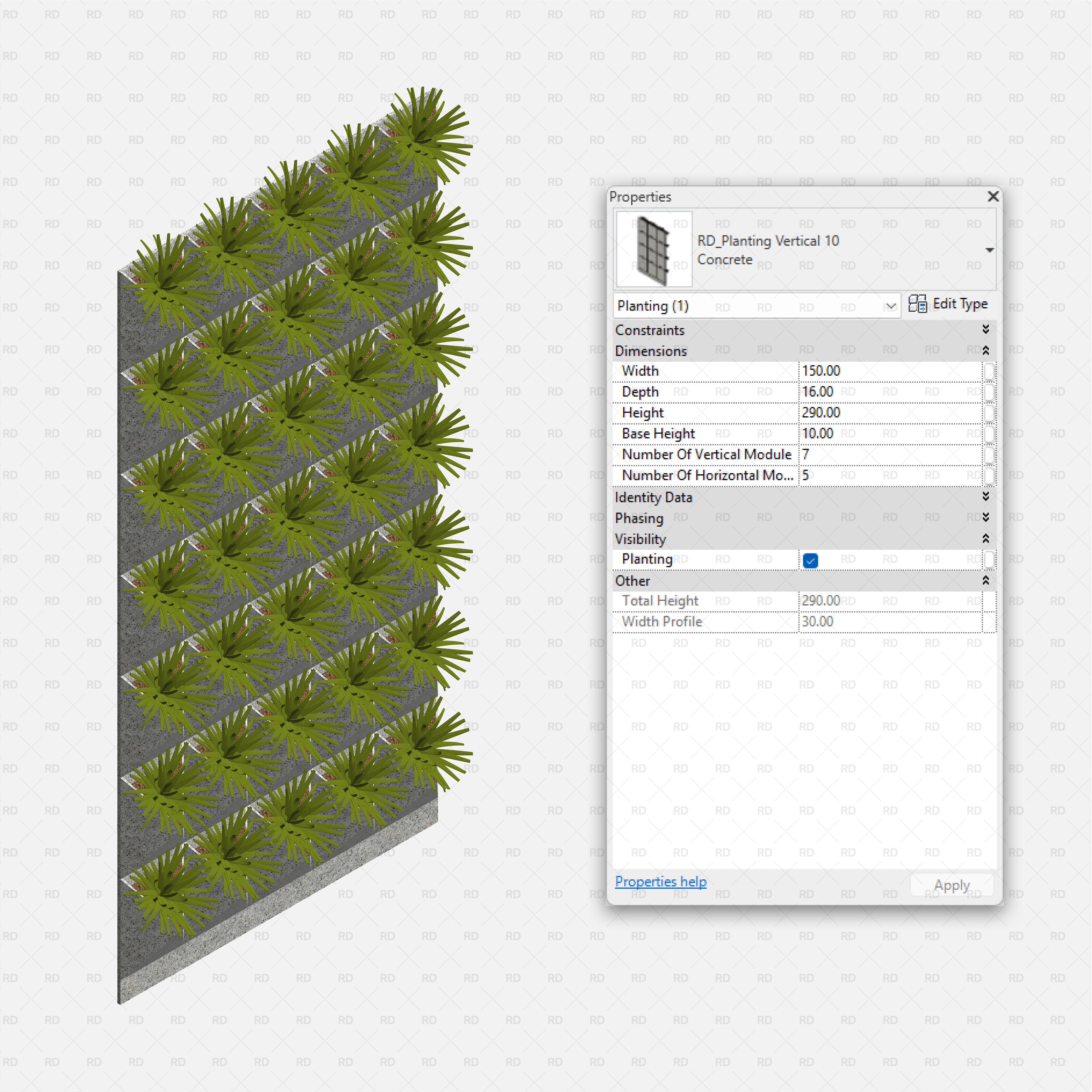 download high quality revit family green wall vertical planting landscaping BIM 3D object