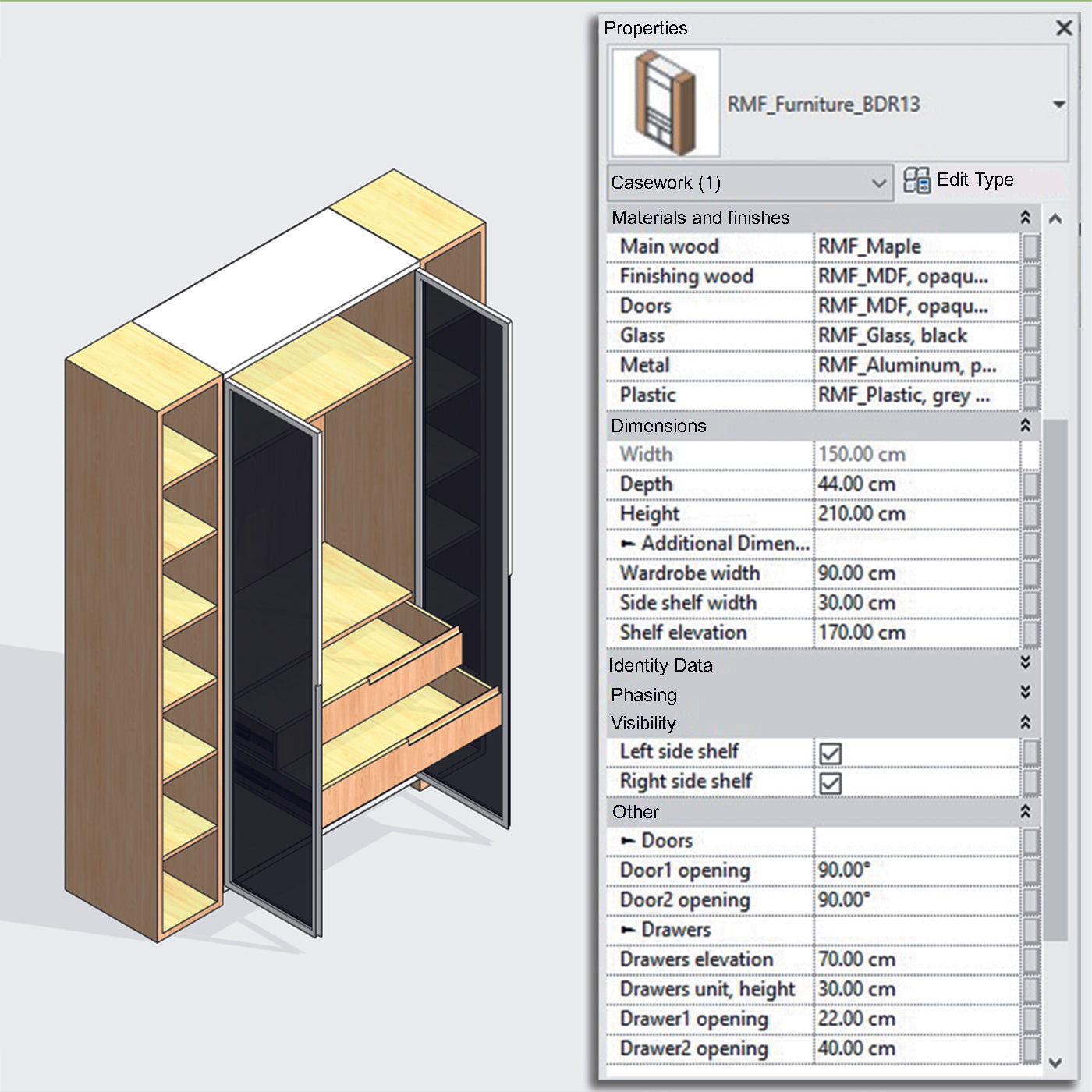 Revit Bedroom Wardrobes families download open drawers doors 