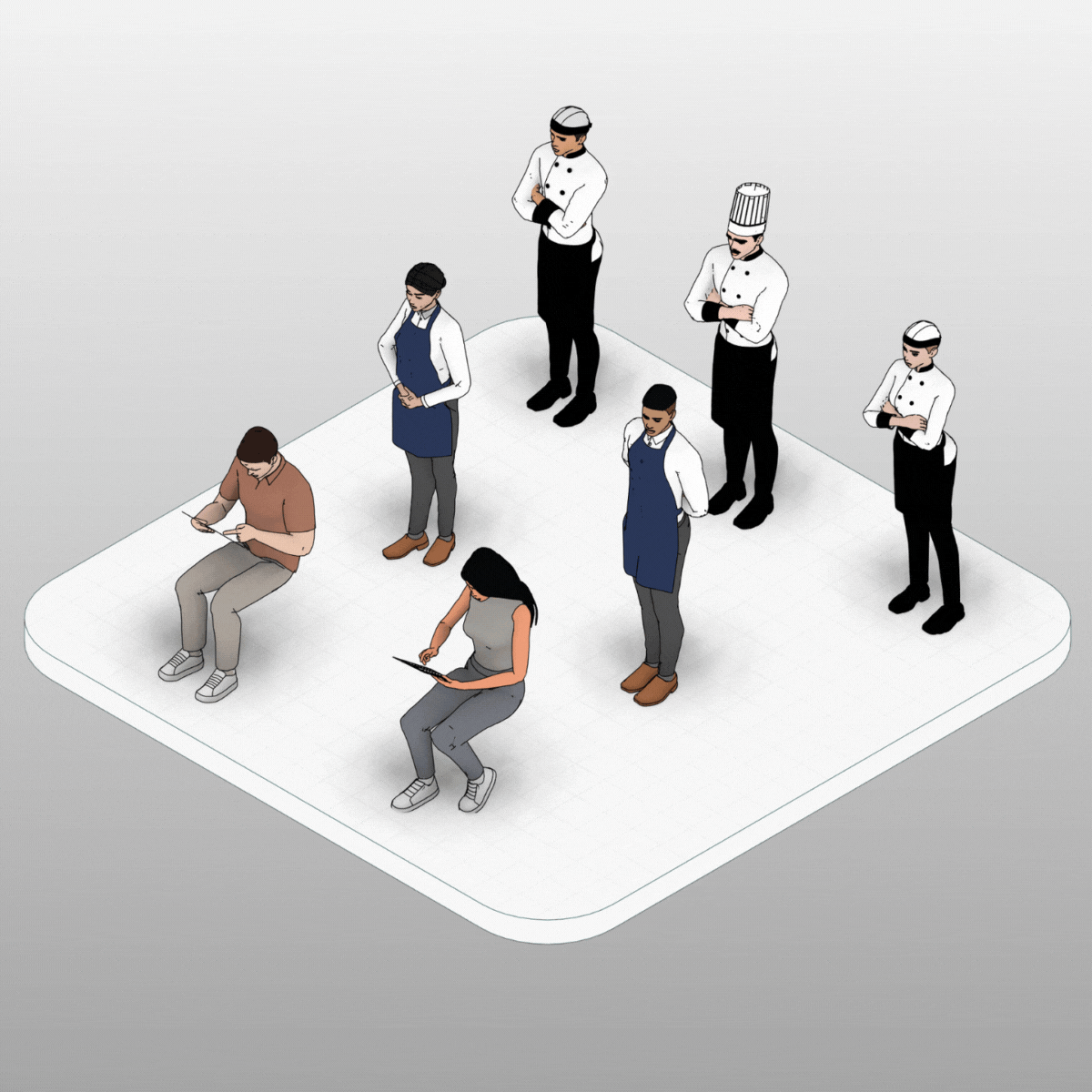 Alternate isometric layout of Revit restaurant people – customers and kitchen staff in context
