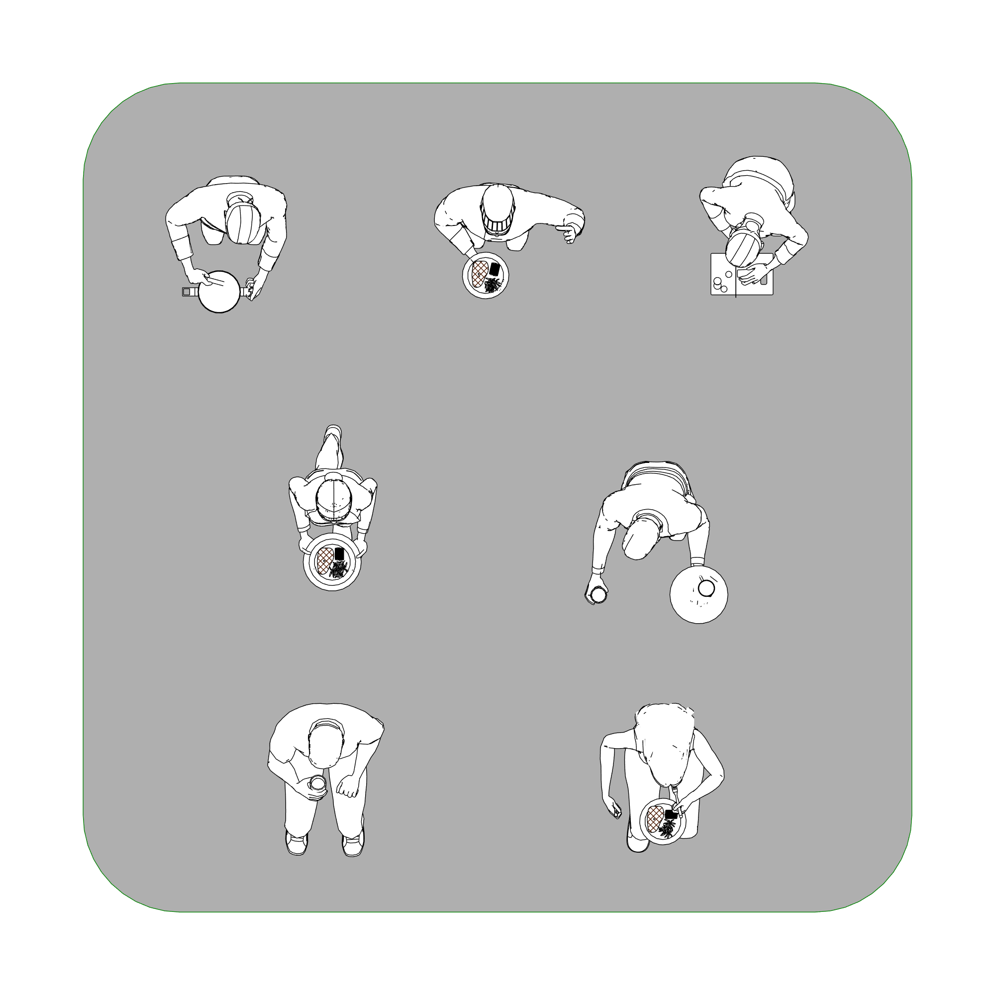 Revit person family pose variations – 6 silhouettes representing different service actions floor plan
