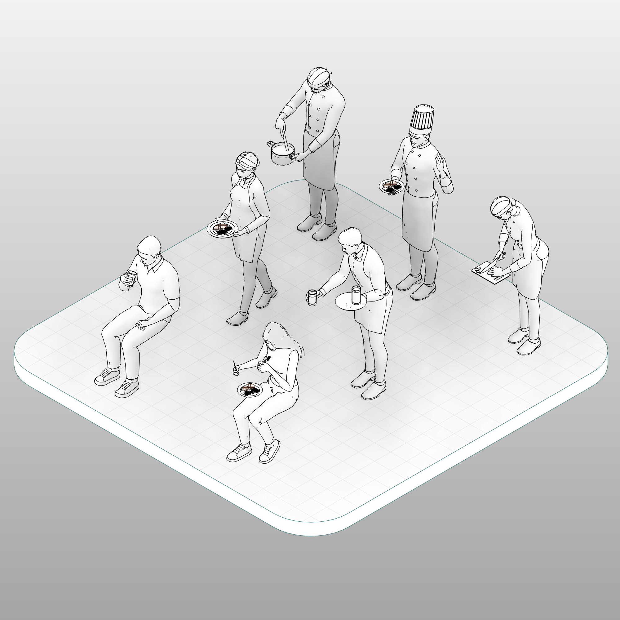 Overview of all 42 Revit restaurant people types – grayscale figure arrangement by category
