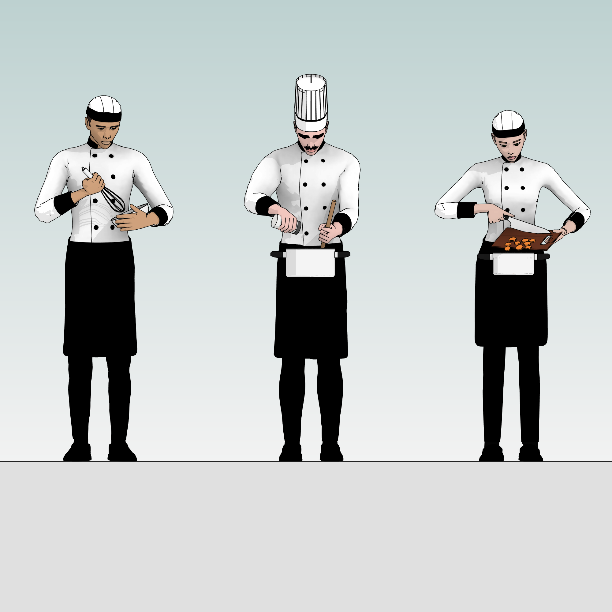 Revit chef family – three 3D figures in uniform with serving props and hats
