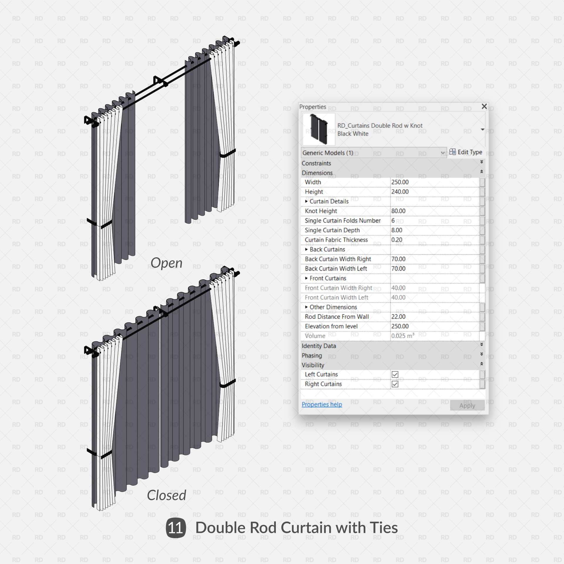 revit double rod knot tie curtains