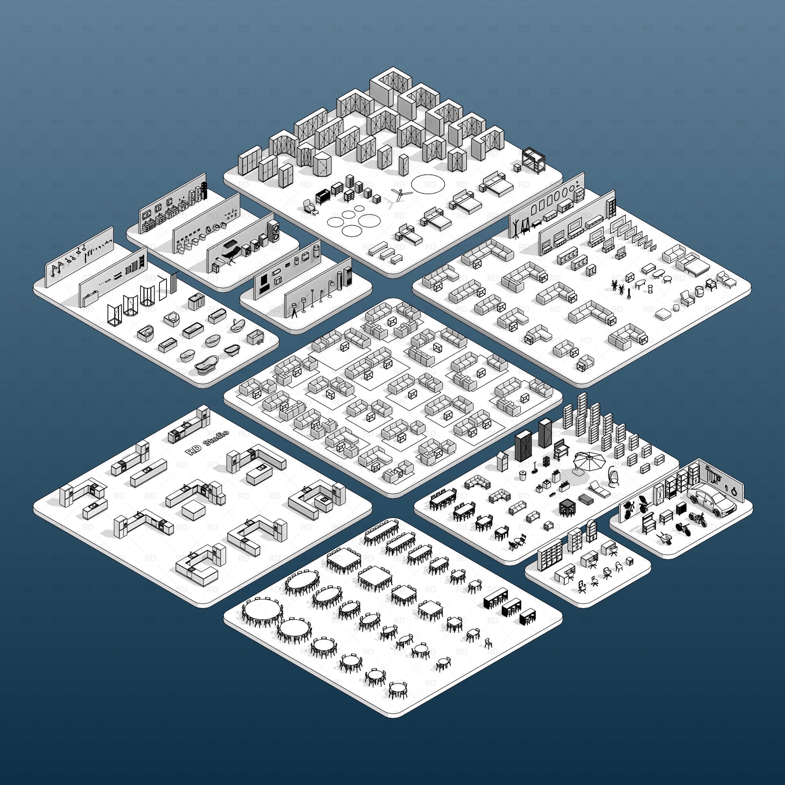 Revit download architectural template - all families in 3D view - hidden line 