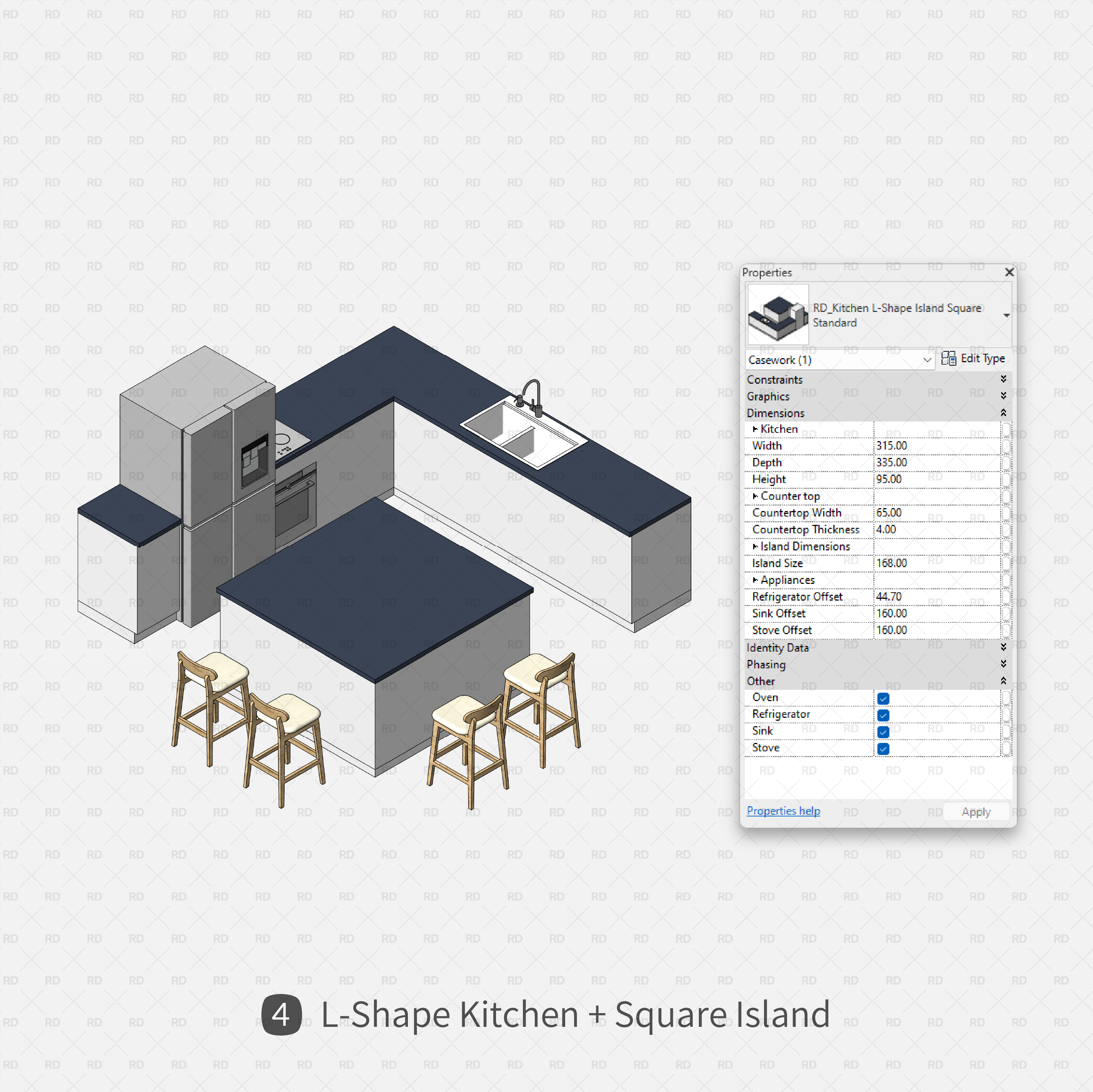 revit l shape kitchen with square island