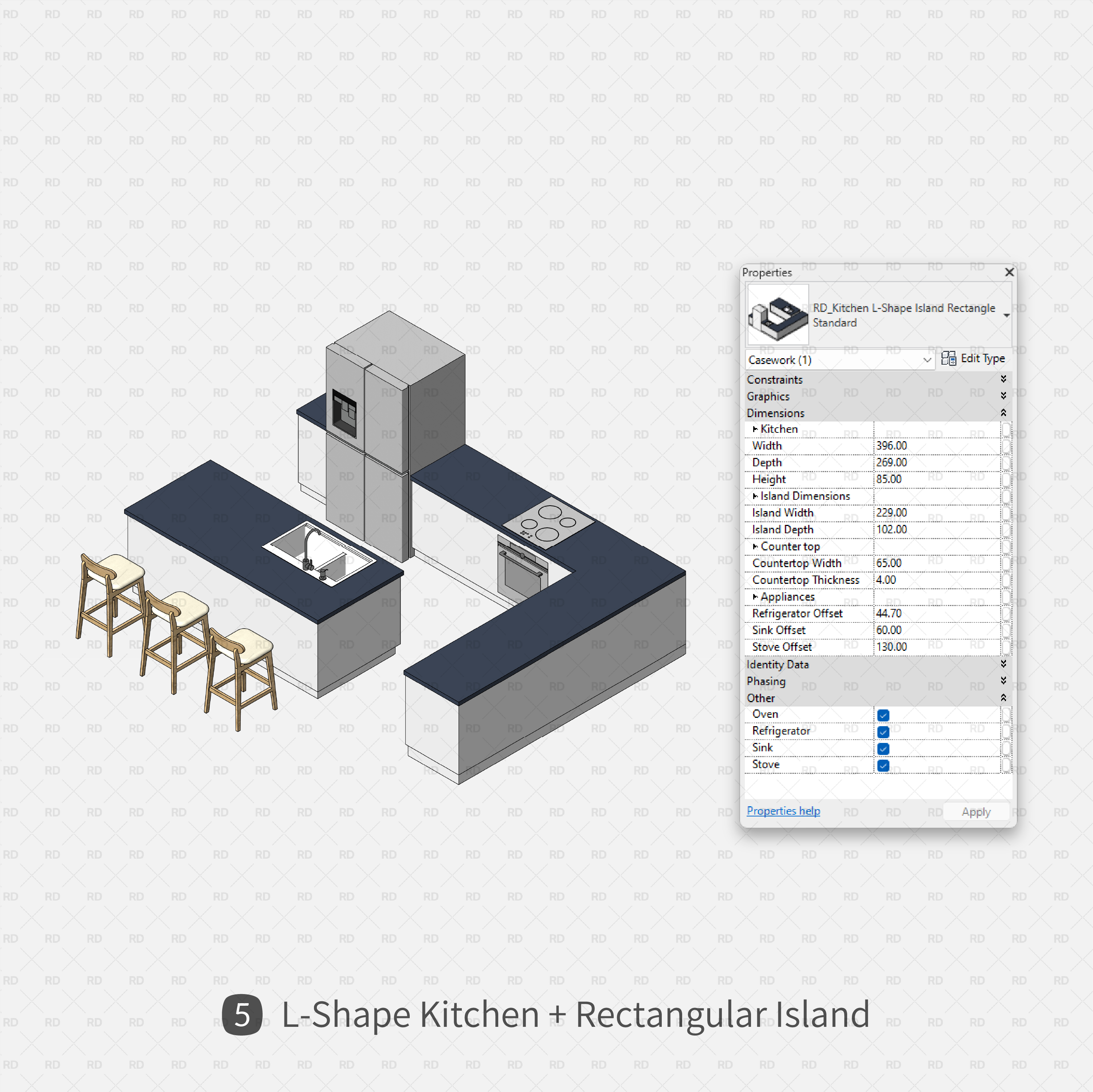 revit l shape kitchen with rectangular island