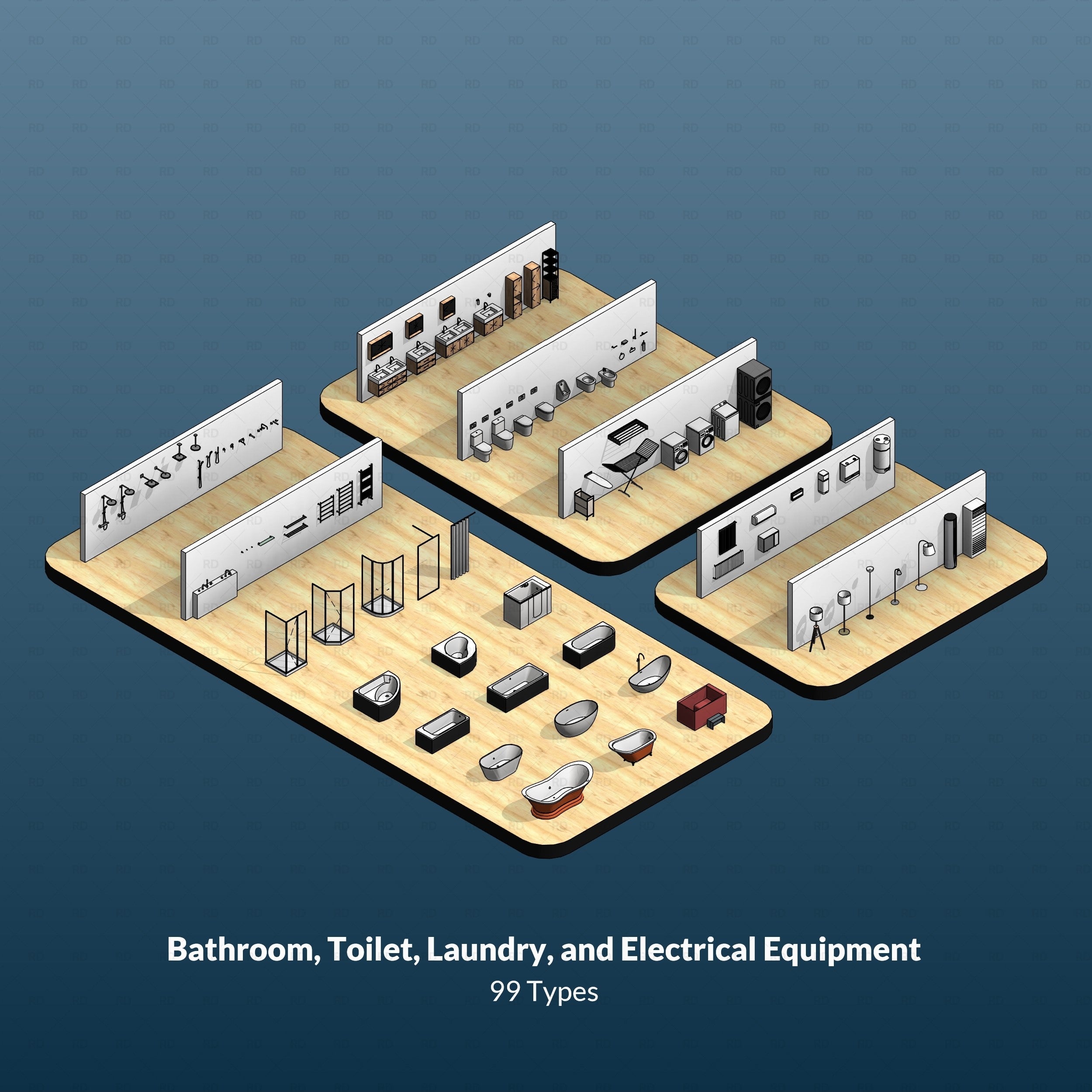 Revit download architectural template - bathroom toilet families - revit blocks - laundry, washing machine, dryer, bath, bathtub, shower, bidet, sprayer, vanity 