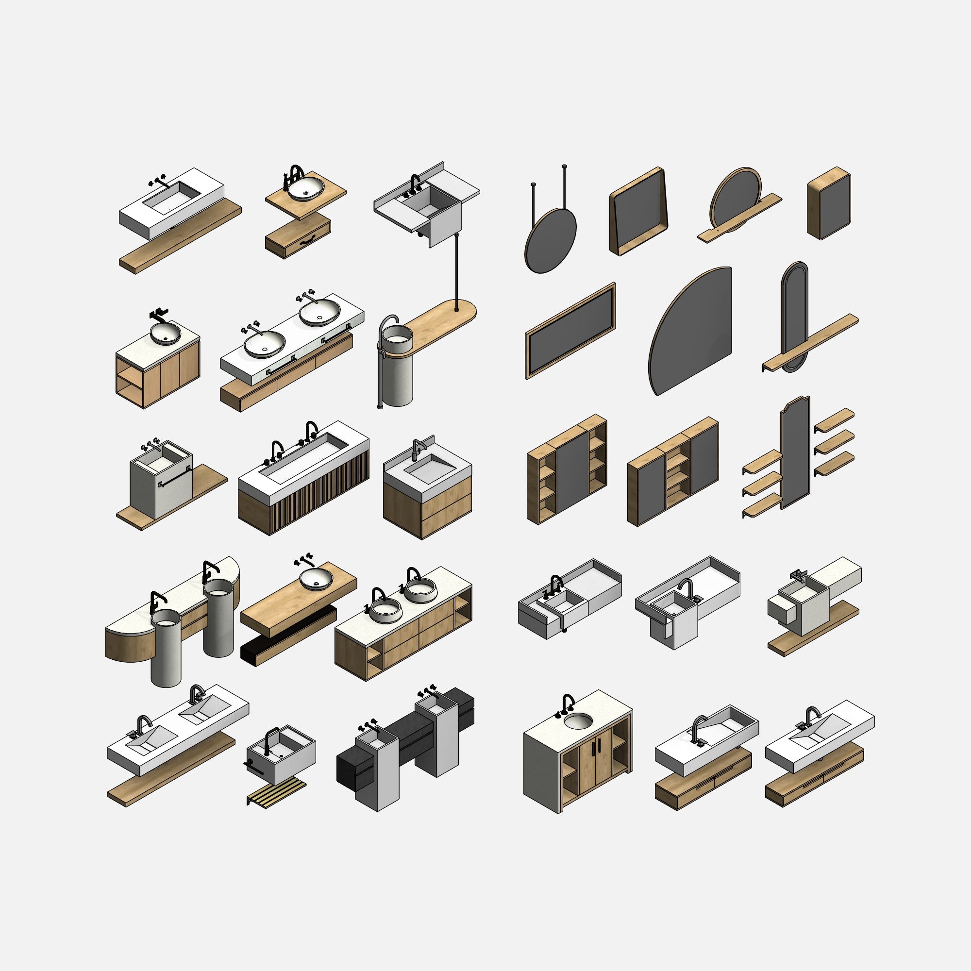 Realistic Revit bathroom furniture pack – fully parametric sink cabinets, mirrors, and storage for BIM interiors

