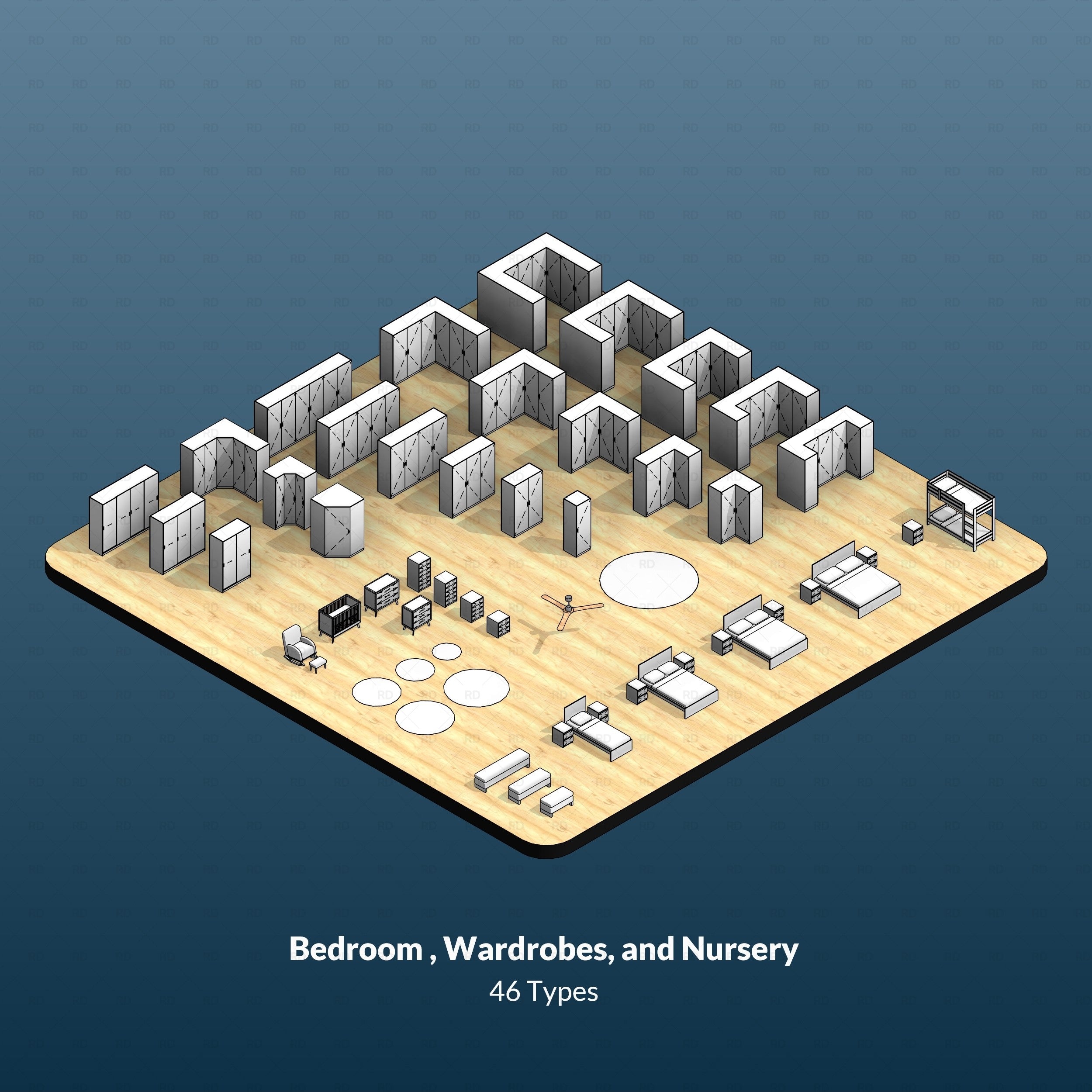 Revit download architectural template - bedroom families - revit blocks - king bed, queen bed, twin bed, double bed, nightstand