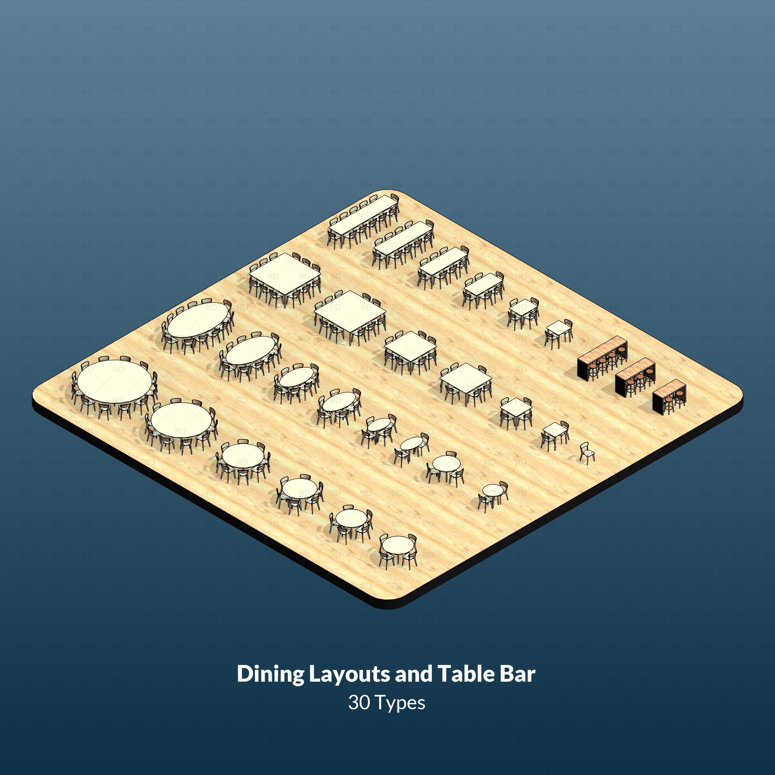 Revit download architectural template - dining room families - revit blocks - tables, table bar, round, rectangular, 6 seater, 8 seater, 4 seater