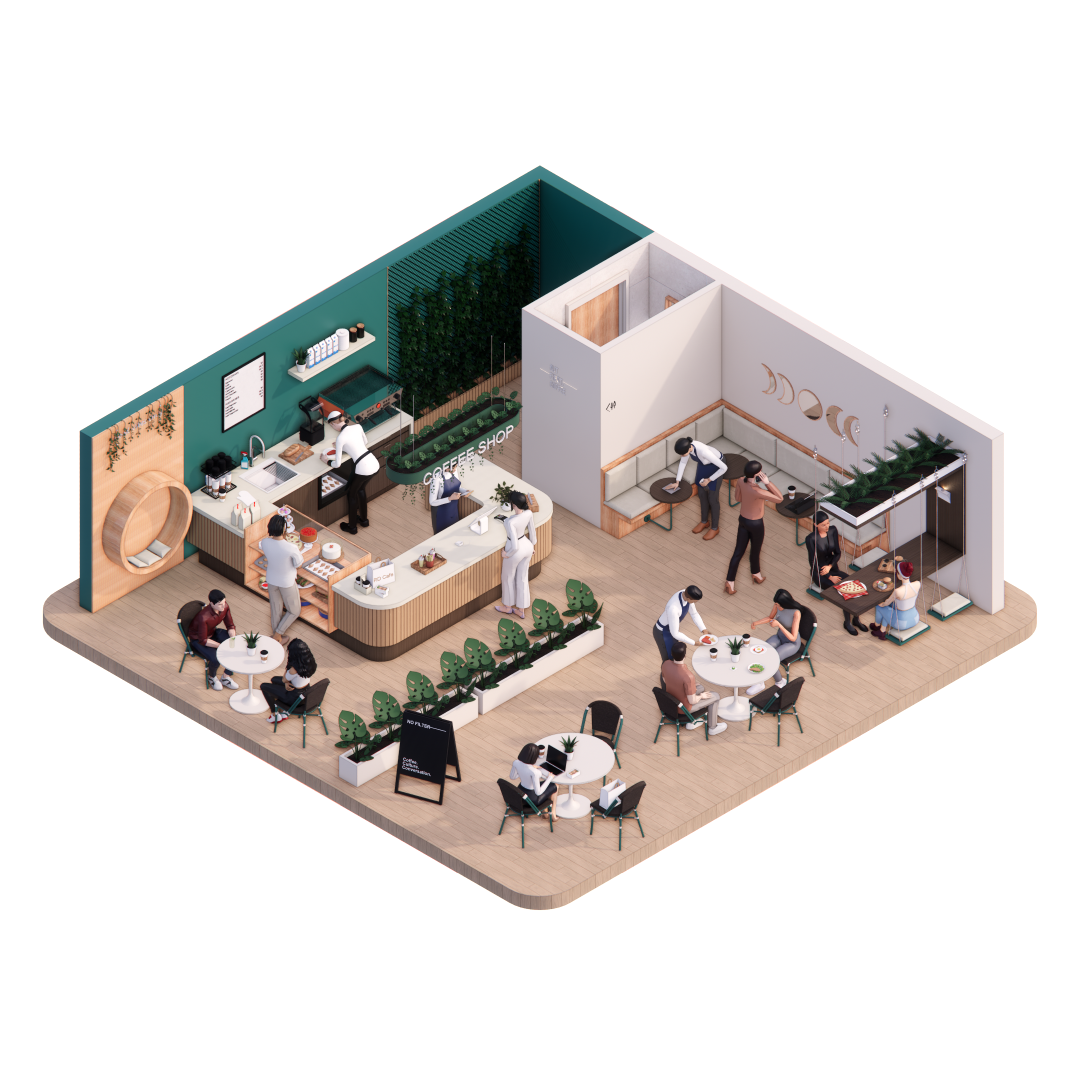 Revit Coffee Shop Furniture and Equipment pack RD Studio BIM blocks rfa full cafe layout with seating, counter and equipment