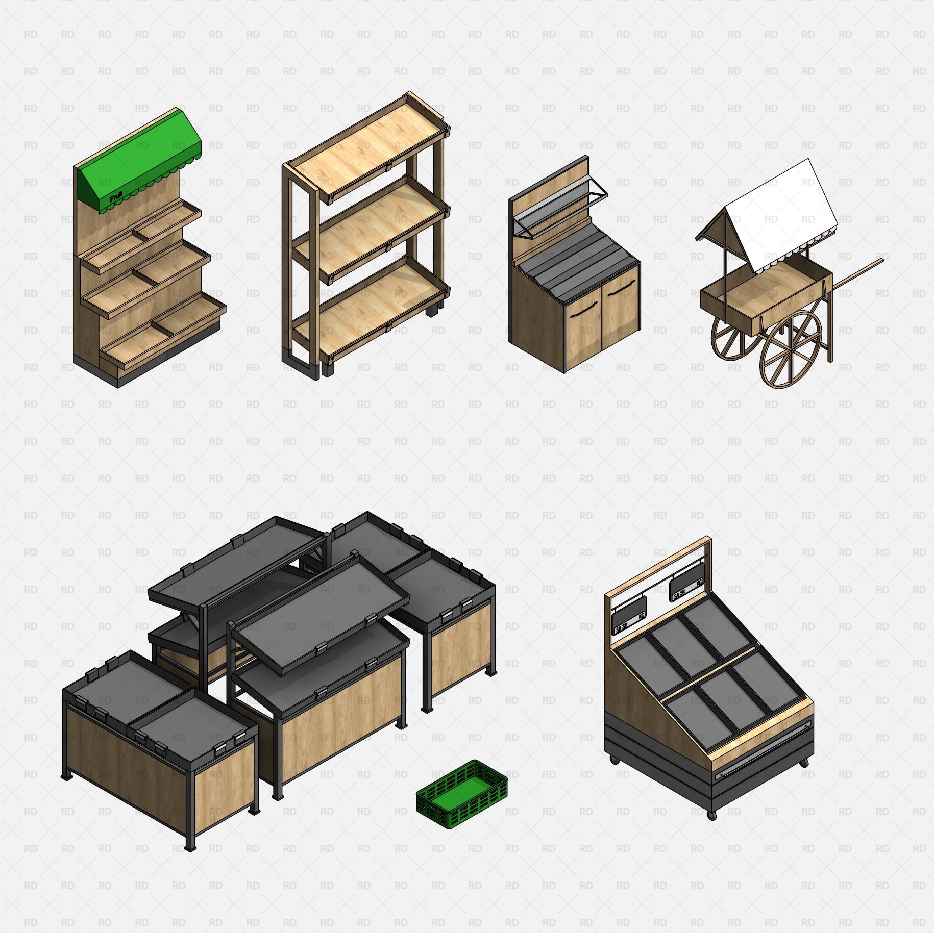 Revit Supermarket and Grocery Store Equipment Families download 2020 vegetables fruit display cart crate 