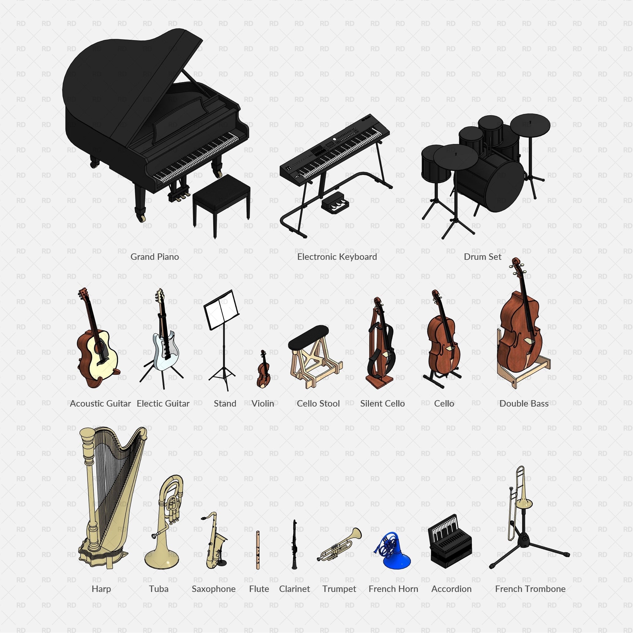 download revit musical instruments families bim object blocks piano drums electronic keyboard guitar violin cello harp 