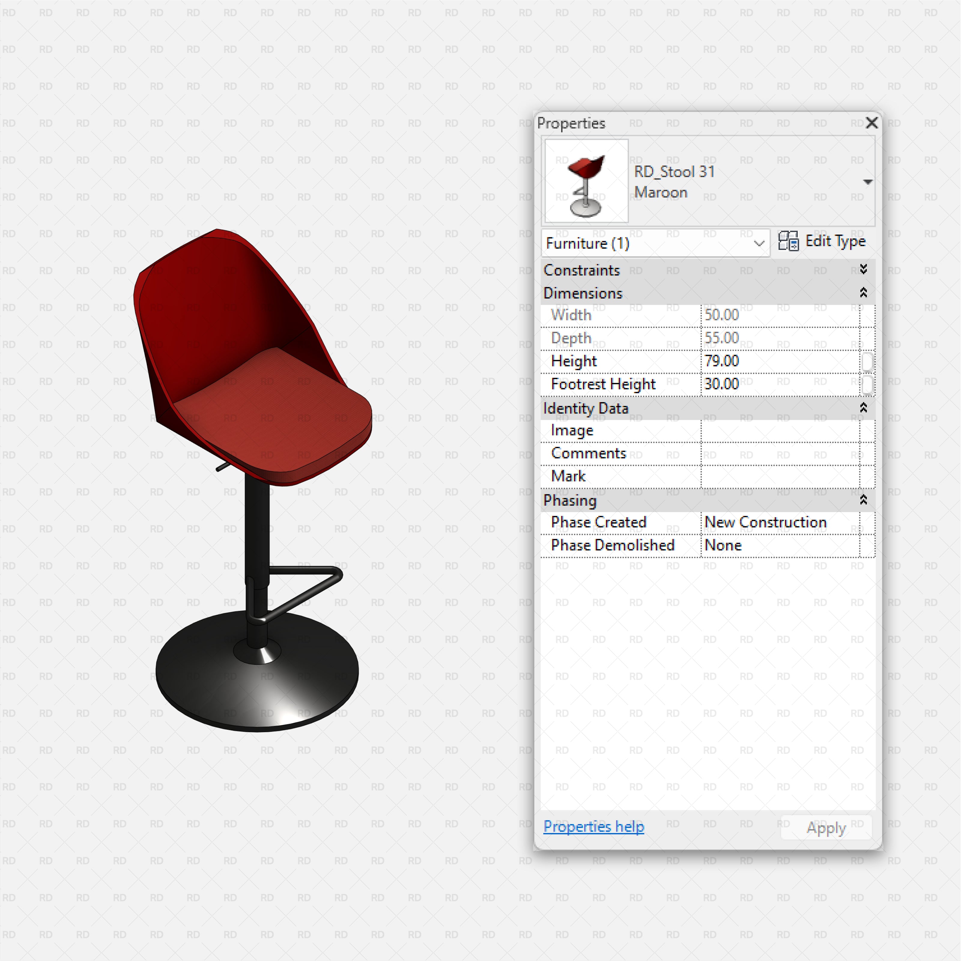 download high quality revit families high stools maroon bar stool