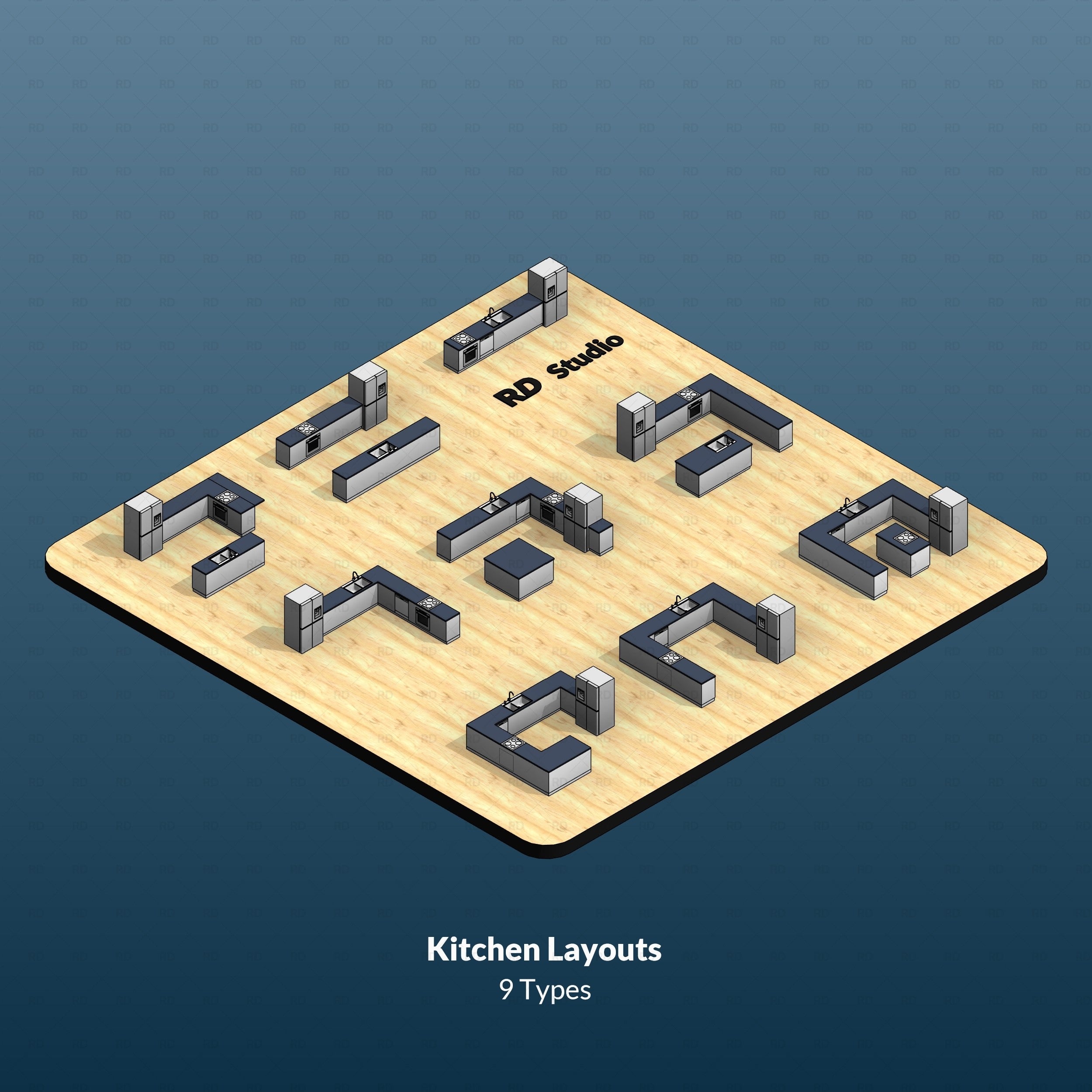 Revit download architectural template - kitchen families layouts - revit blocks - L shape, linear, u shape, island