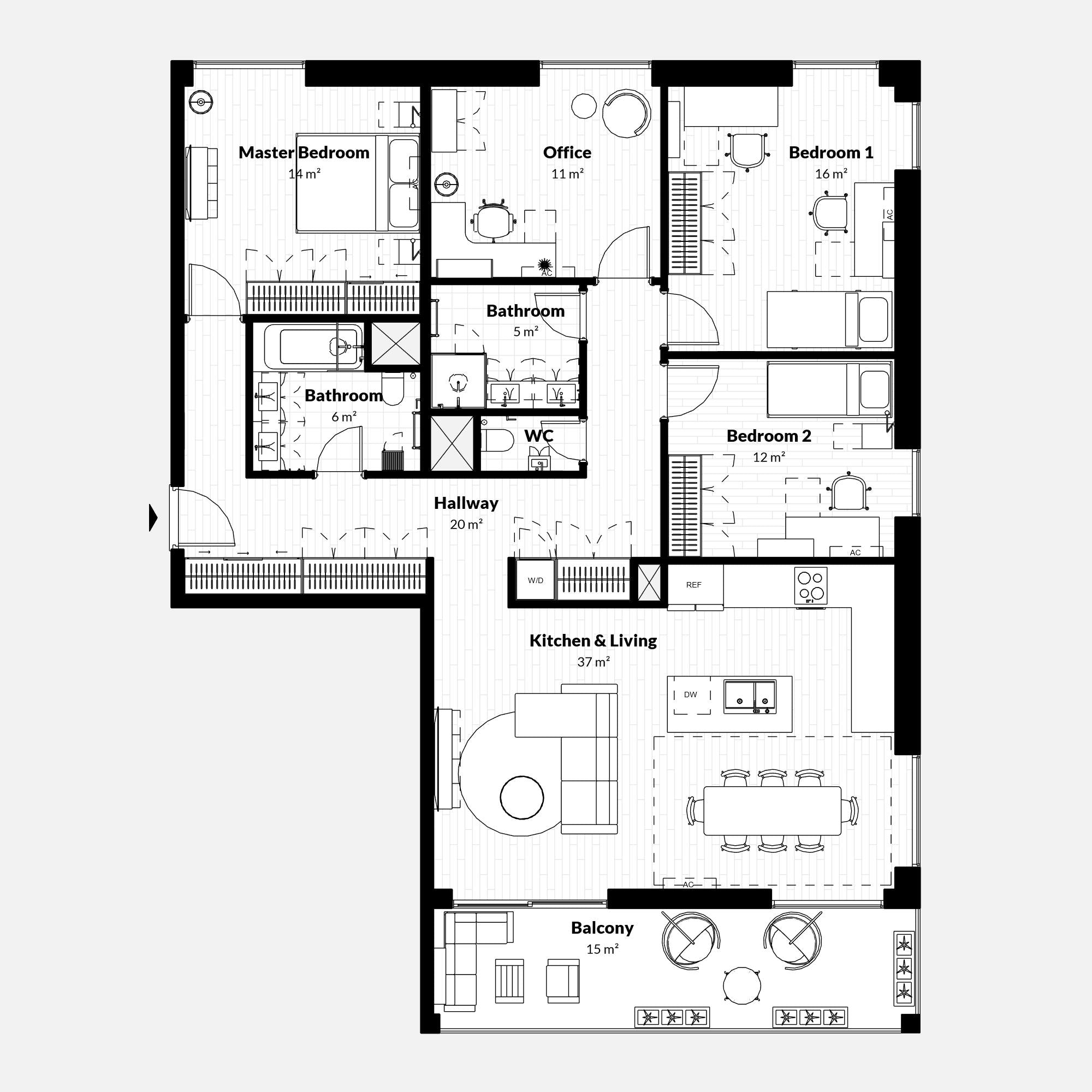 Floor plan of a residential apartment layout with labeled rooms - revit graphics - beautiful view template 