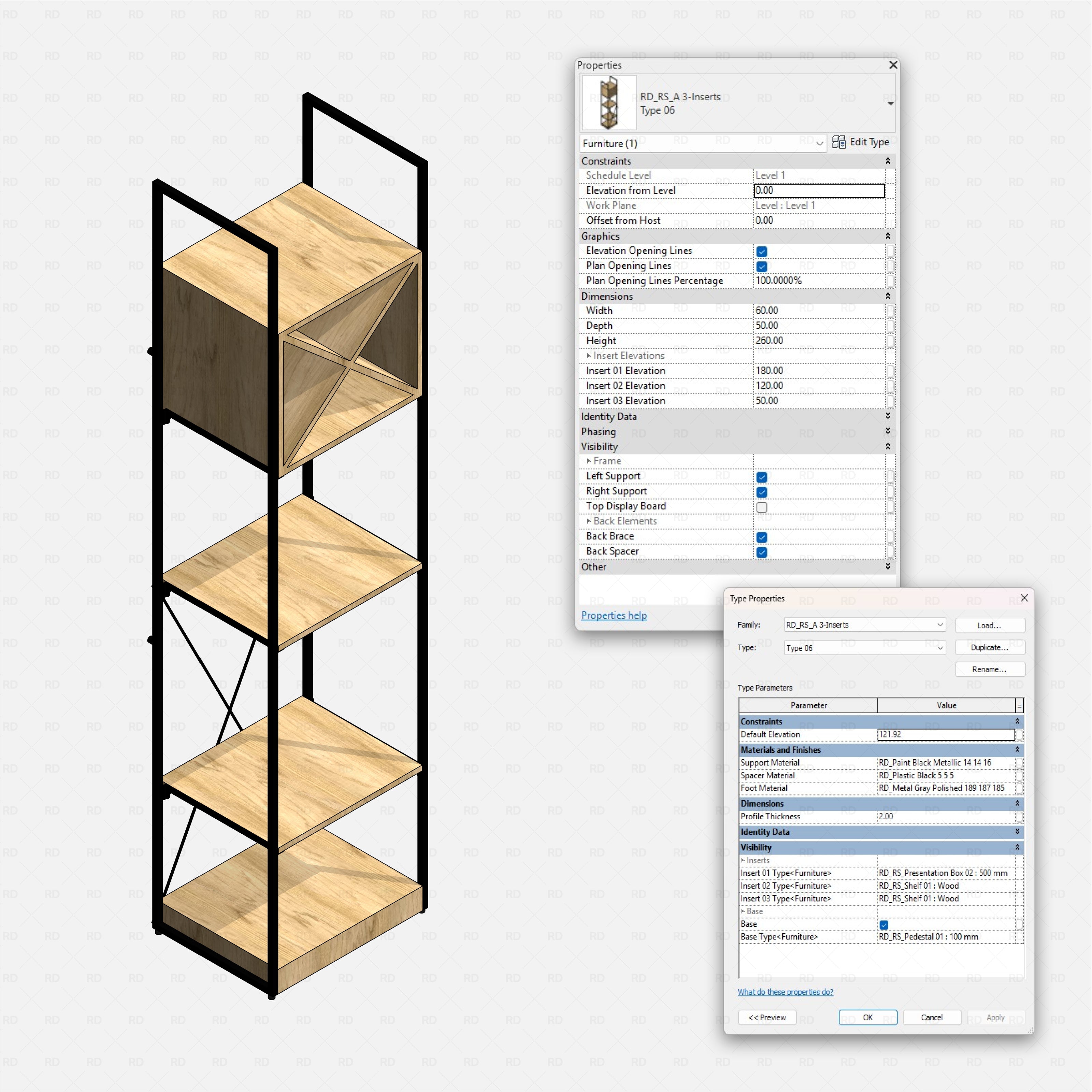 Revit Retail Shelving System 01 RD Studio BIM blocks rfa shelving with 3 inserts