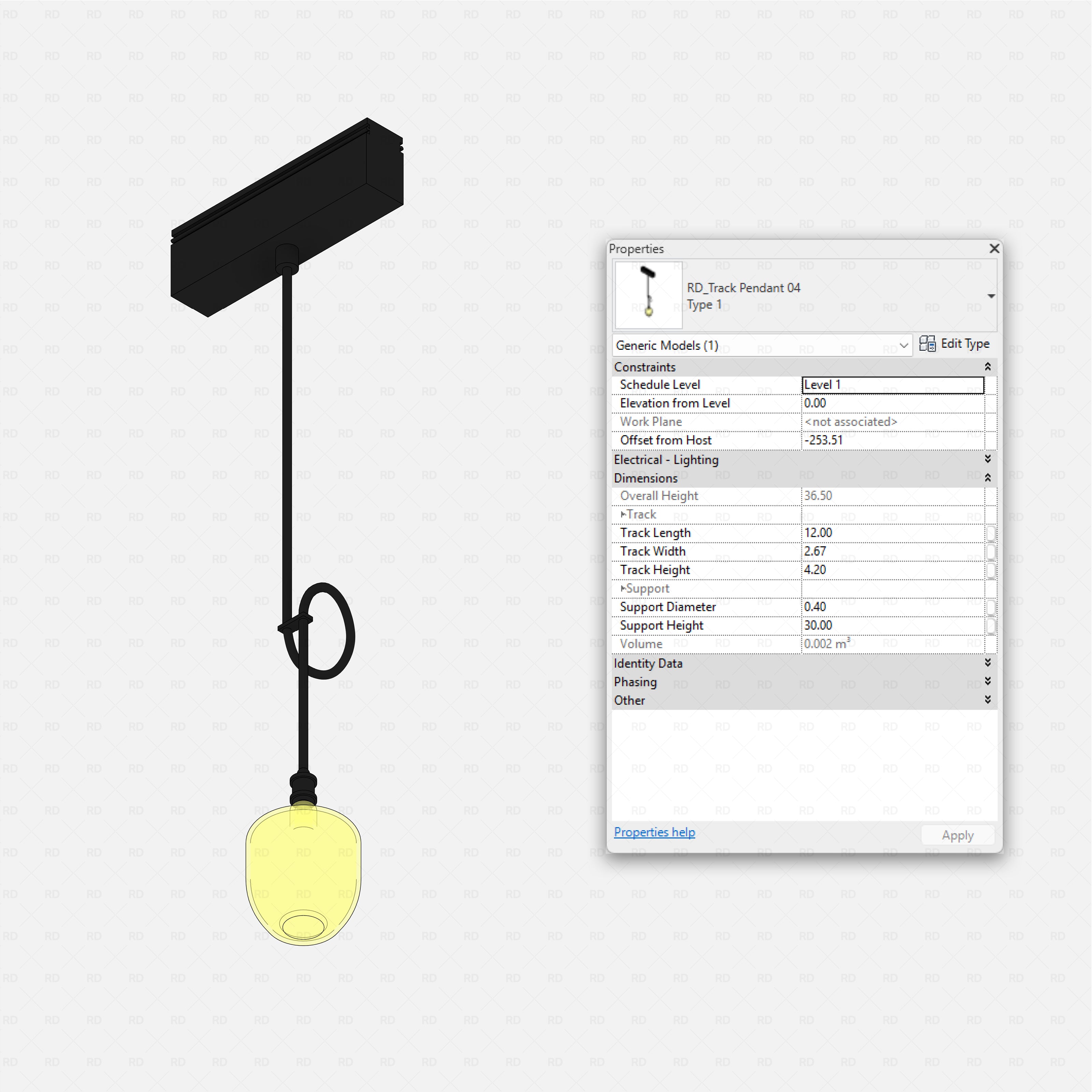 Revit Track Lights System - Pro Pack, pendant 04 glass bulb track light with decorative looped cord