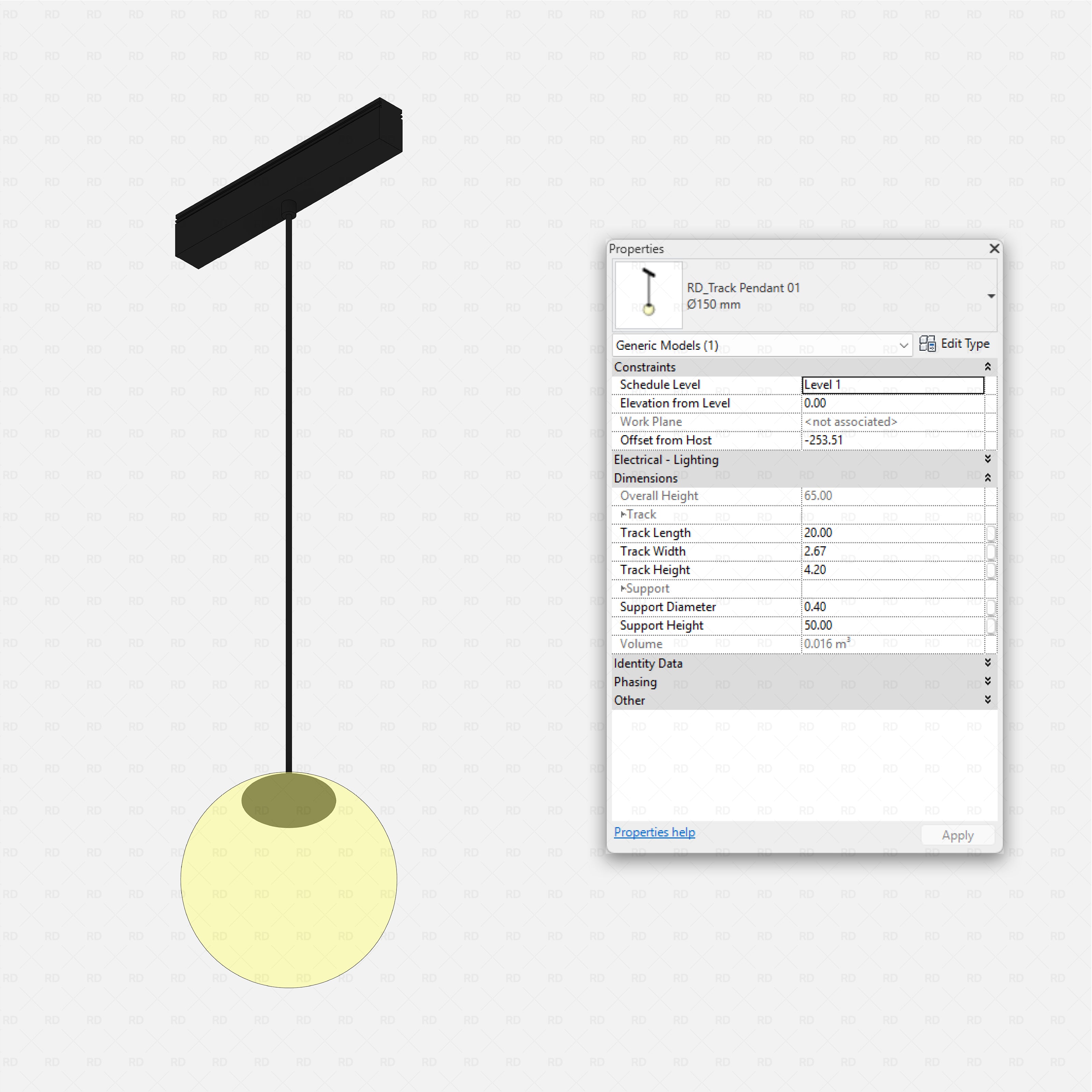 Revit Track Lights System - Pro Pack, pendant 01 globe track light on slim suspension cable