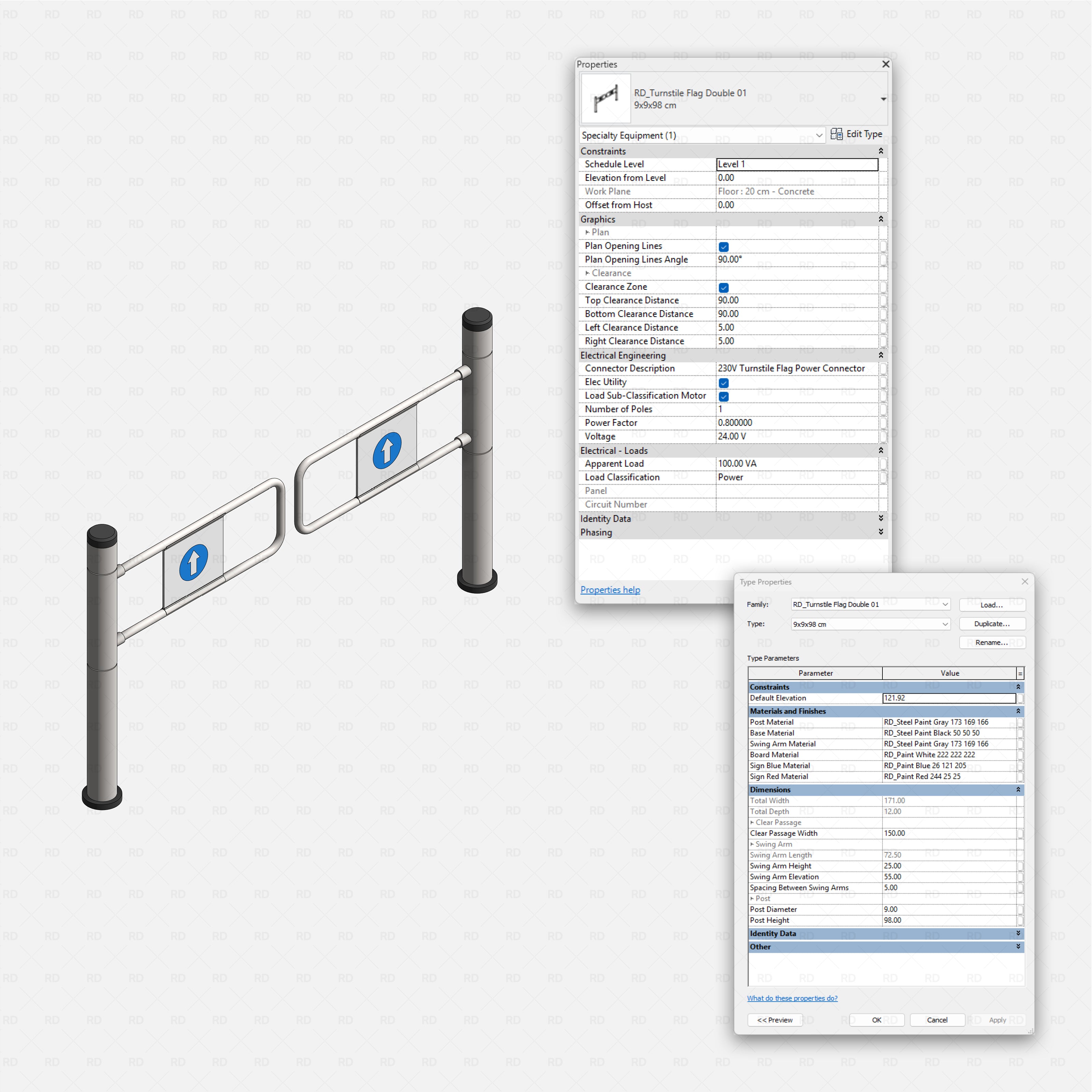 Revit turnstiles gates flag Pack RD Studio BIM blocks rfa double turnstile flag with entry sign