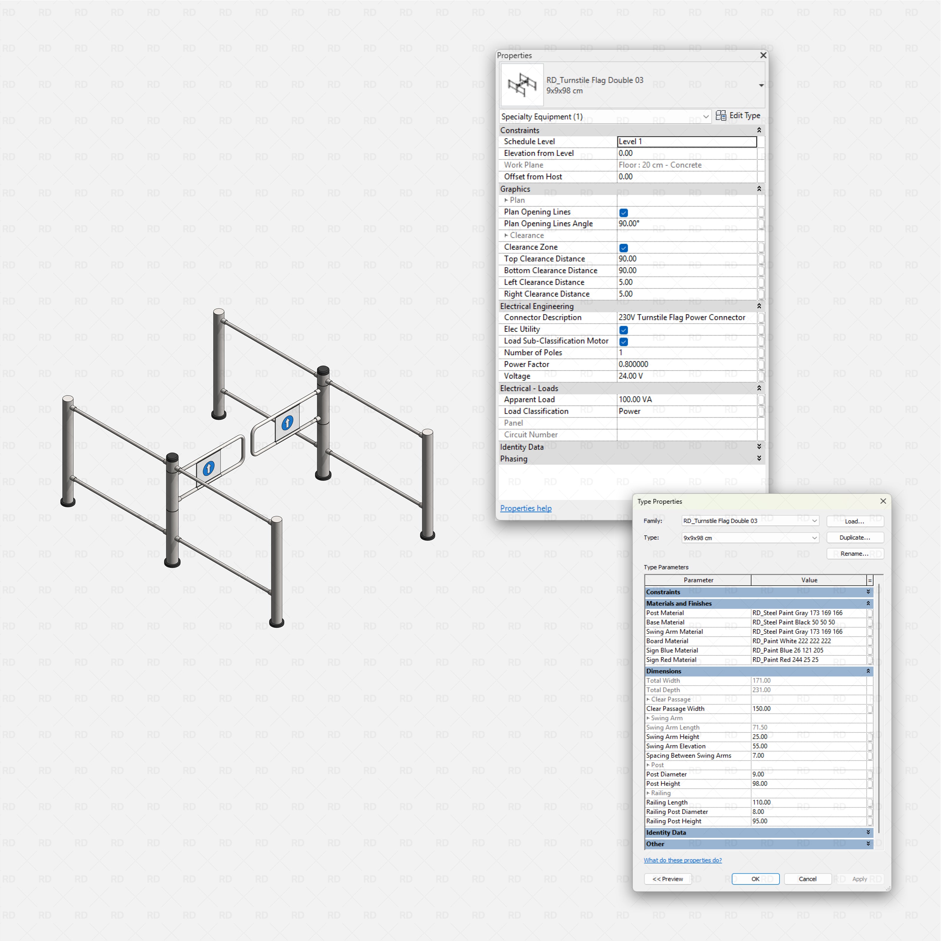 Revit turnstiles gates flag Pack RD Studio BIM blocks rfa double turnstile flag with entry sign