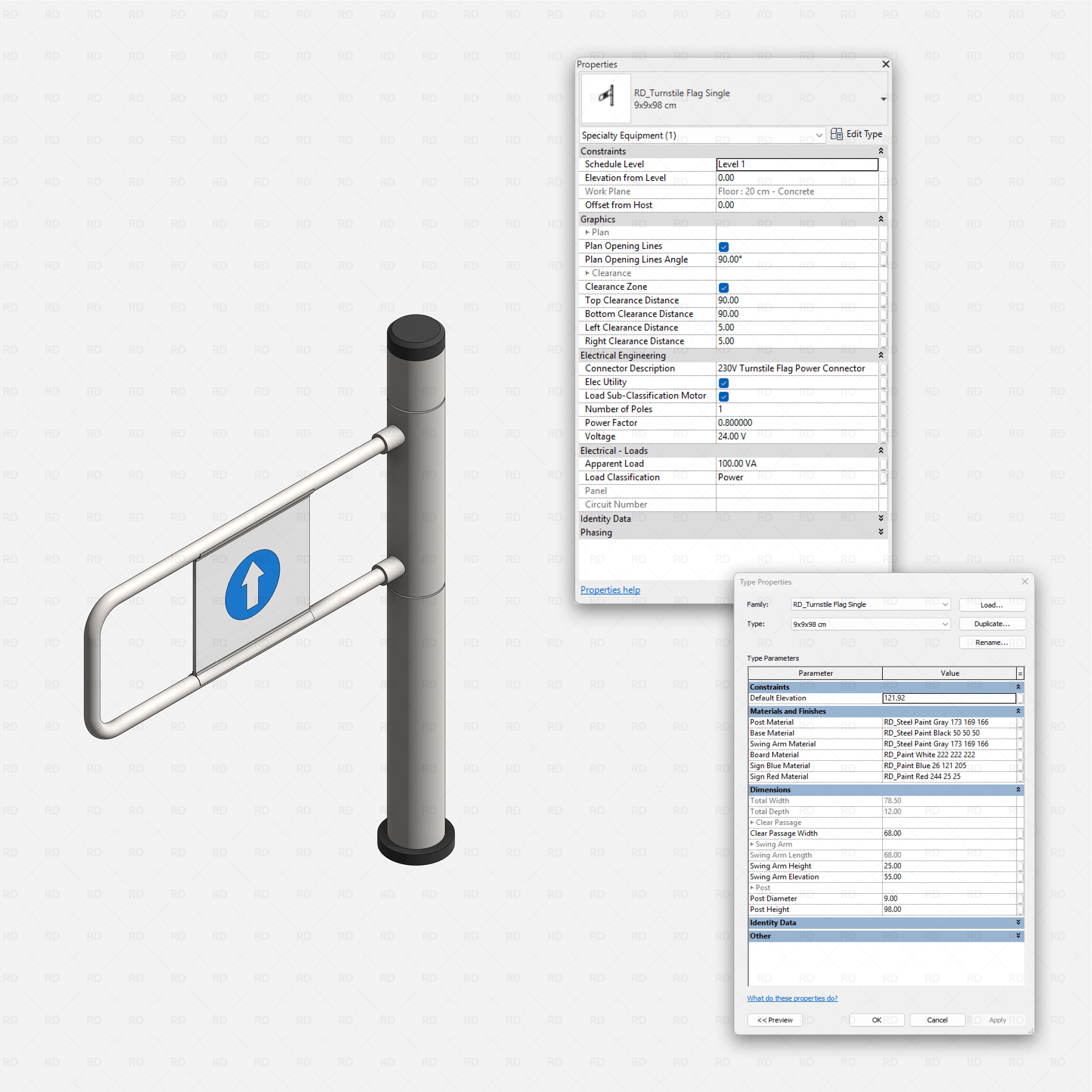 Revit turnstiles gates flag Pack RD Studio BIM blocks rfa single turnstile flag with entry sign