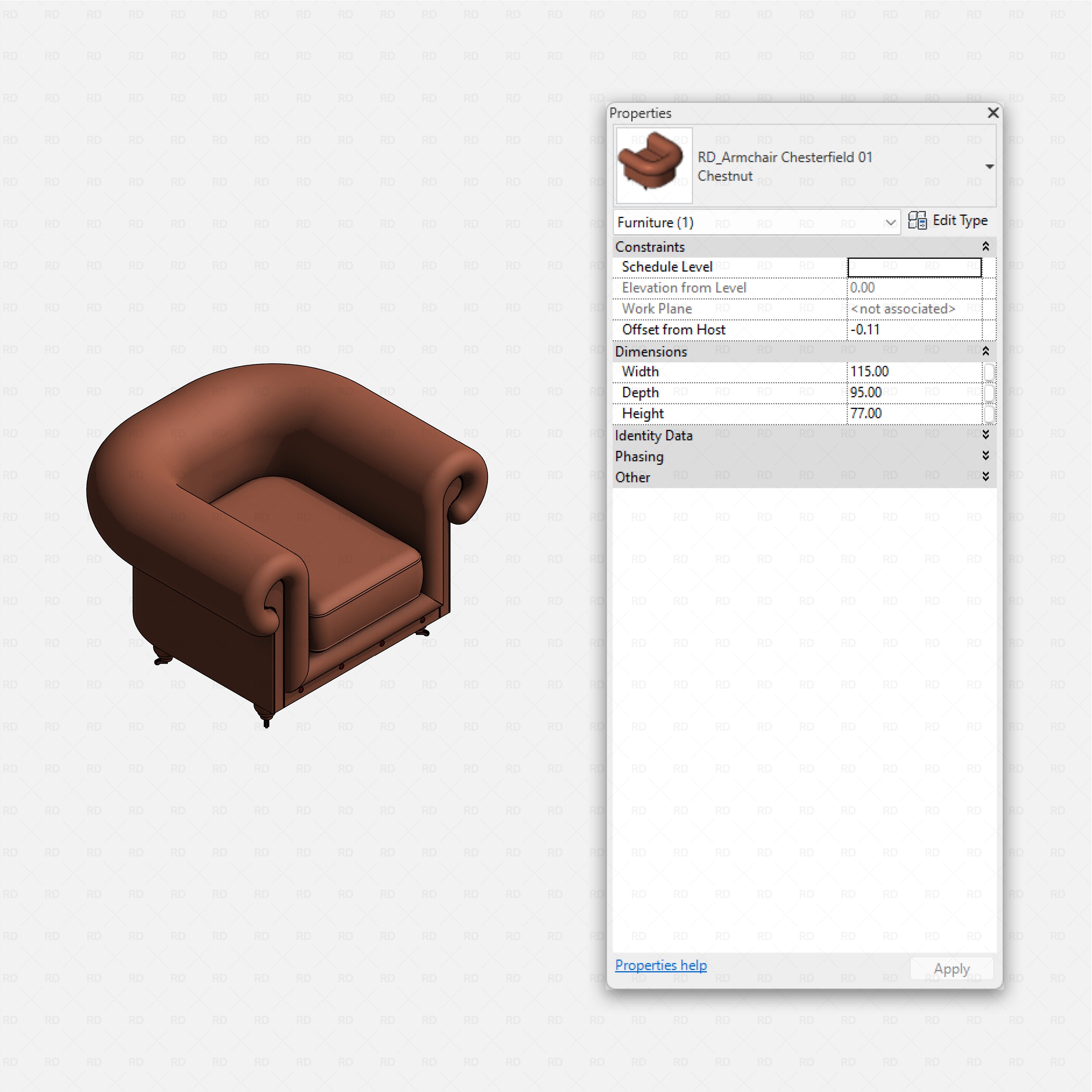 Revit barbershop Pack RD Studio BIM blocks rfa chestnut Chesterfield armchair with rolled arms