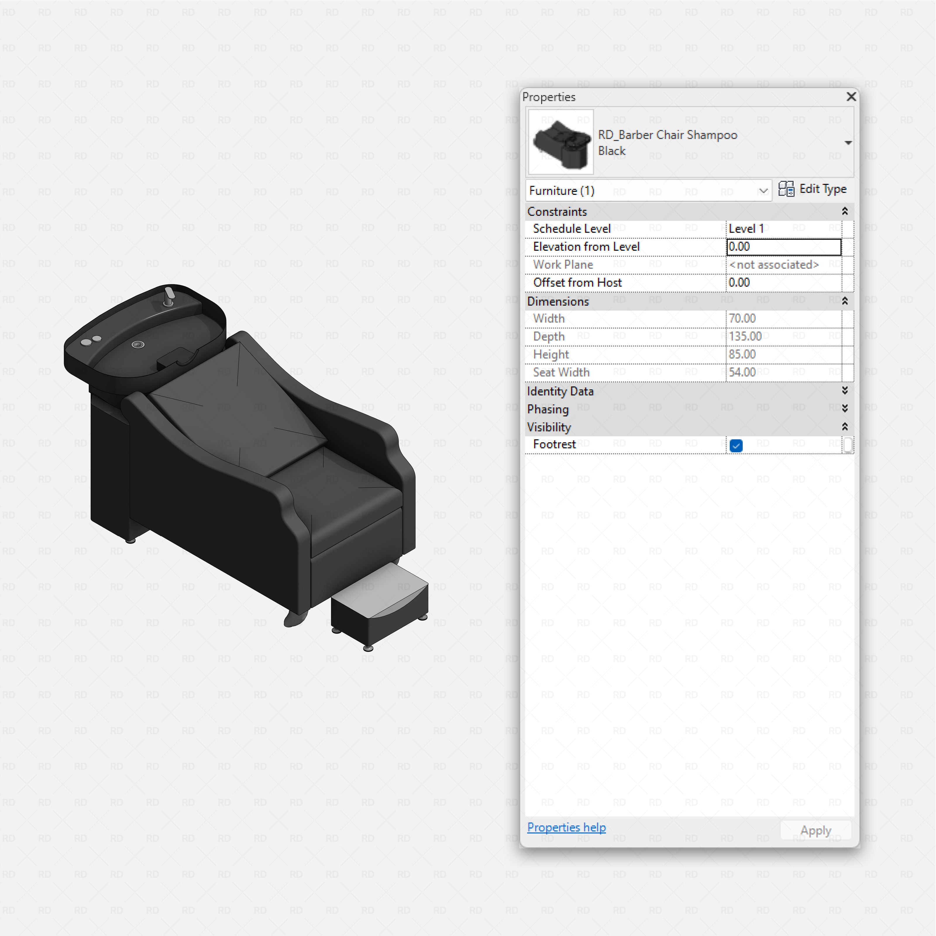 Revit barbershop Pack RD Studio BIM blocks rfa black barber shampoo chair with basin and footrest
