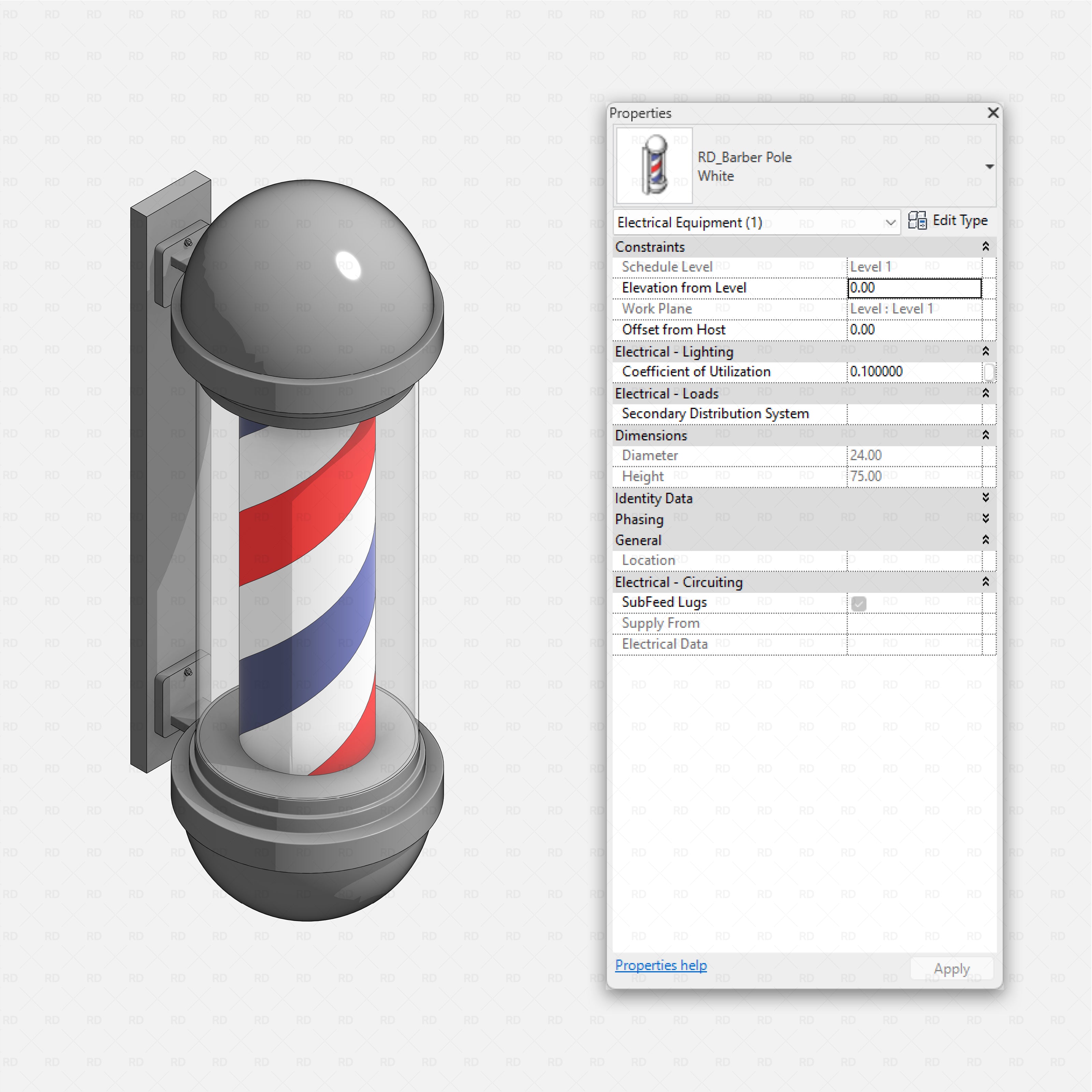 Revit barbershop Pack RD Studio BIM blocks rfa white illuminated barber pole wall sign