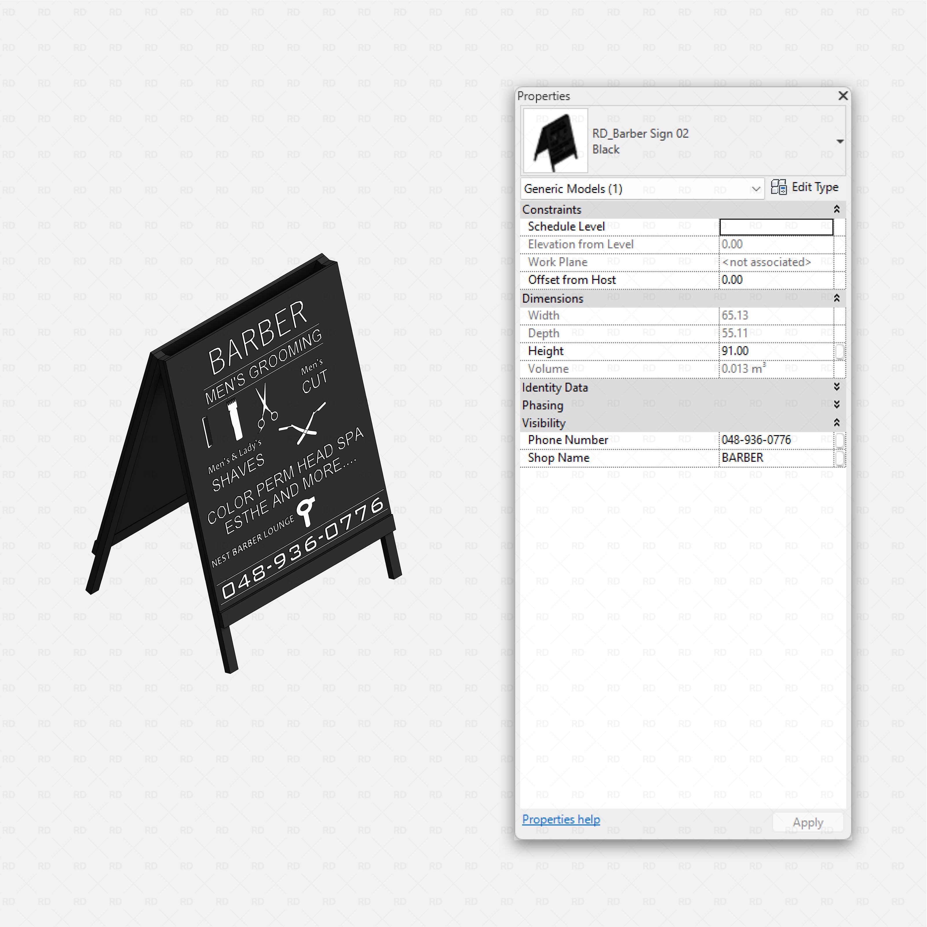 Revit barbershop Pack RD Studio BIM blocks rfa black A-frame barber sidewalk sign