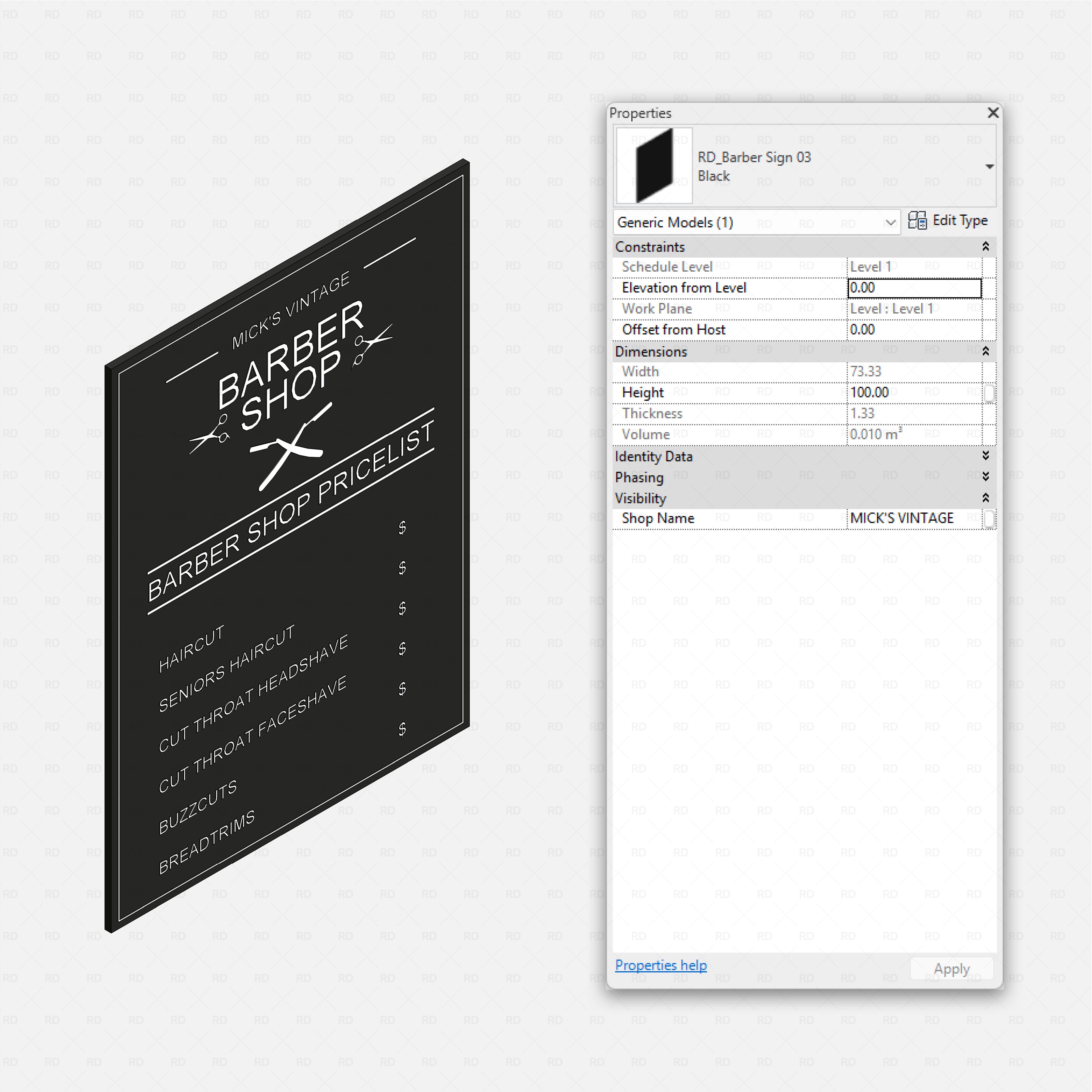 Revit barbershop Pack RD Studio BIM blocks rfa black barber price list wall sign