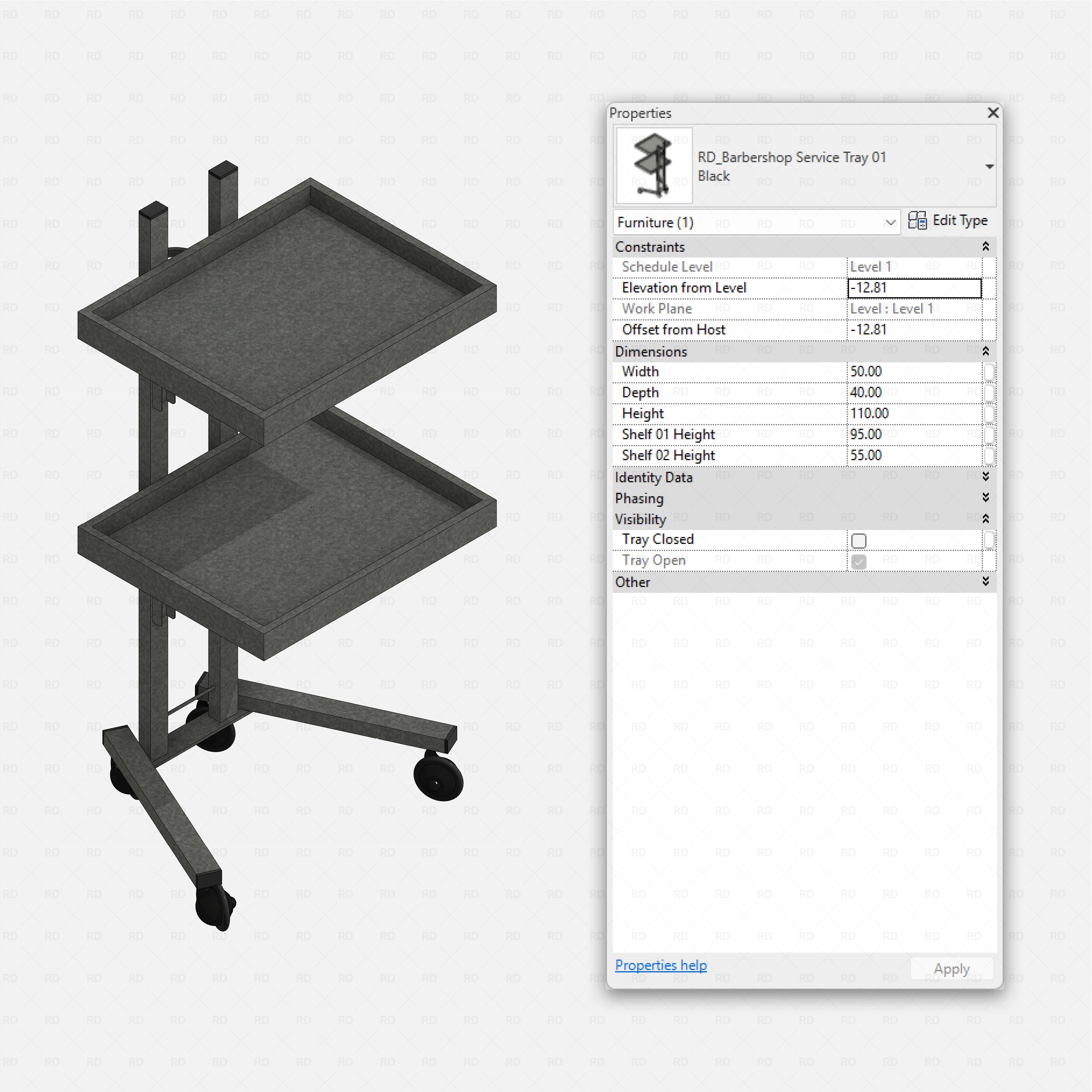 Revit barbershop Pack RD Studio BIM blocks rfa black rolling barbershop service tray with two shelves