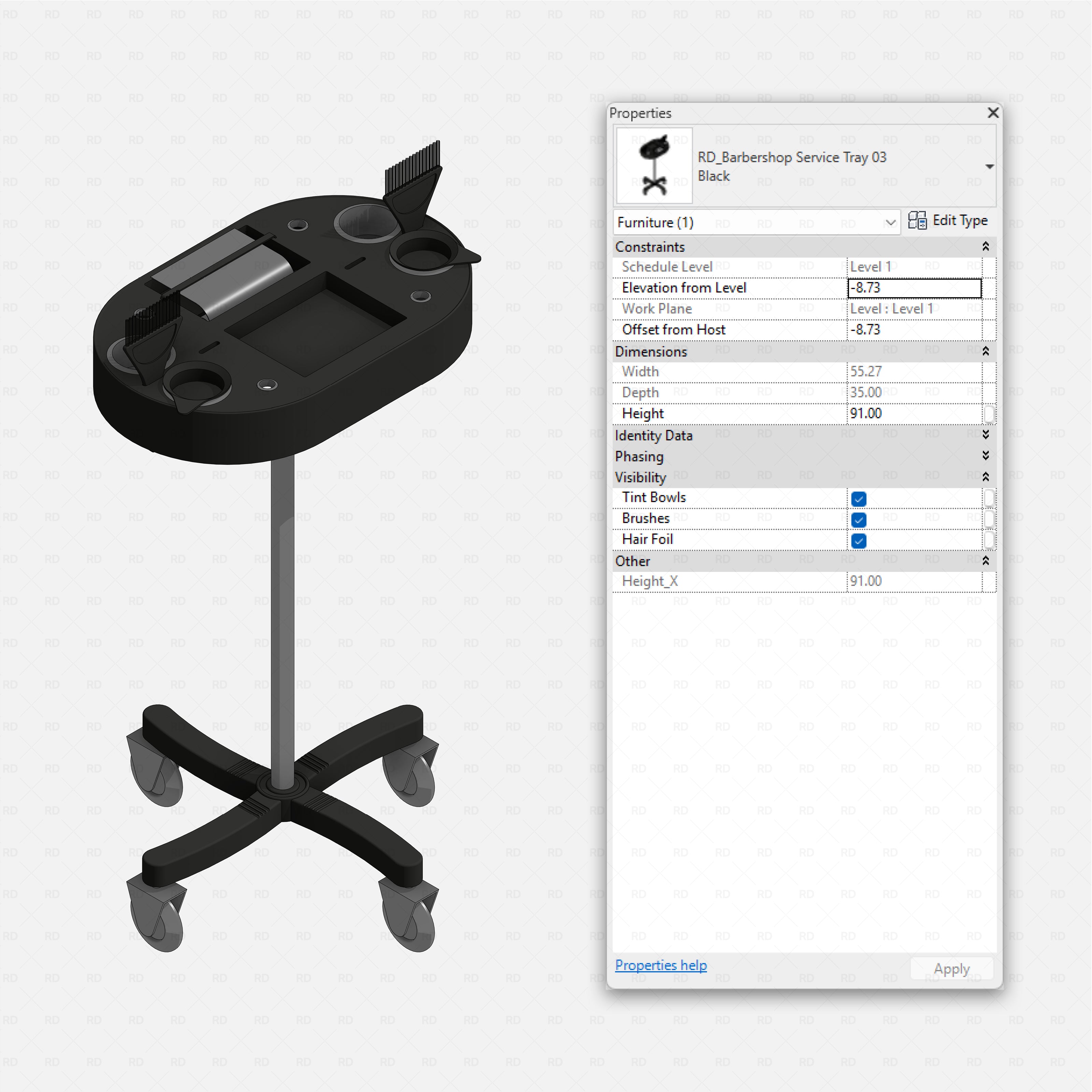 Revit barbershop Pack RD Studio BIM blocks rfa black salon color tray with tint bowls and brushes