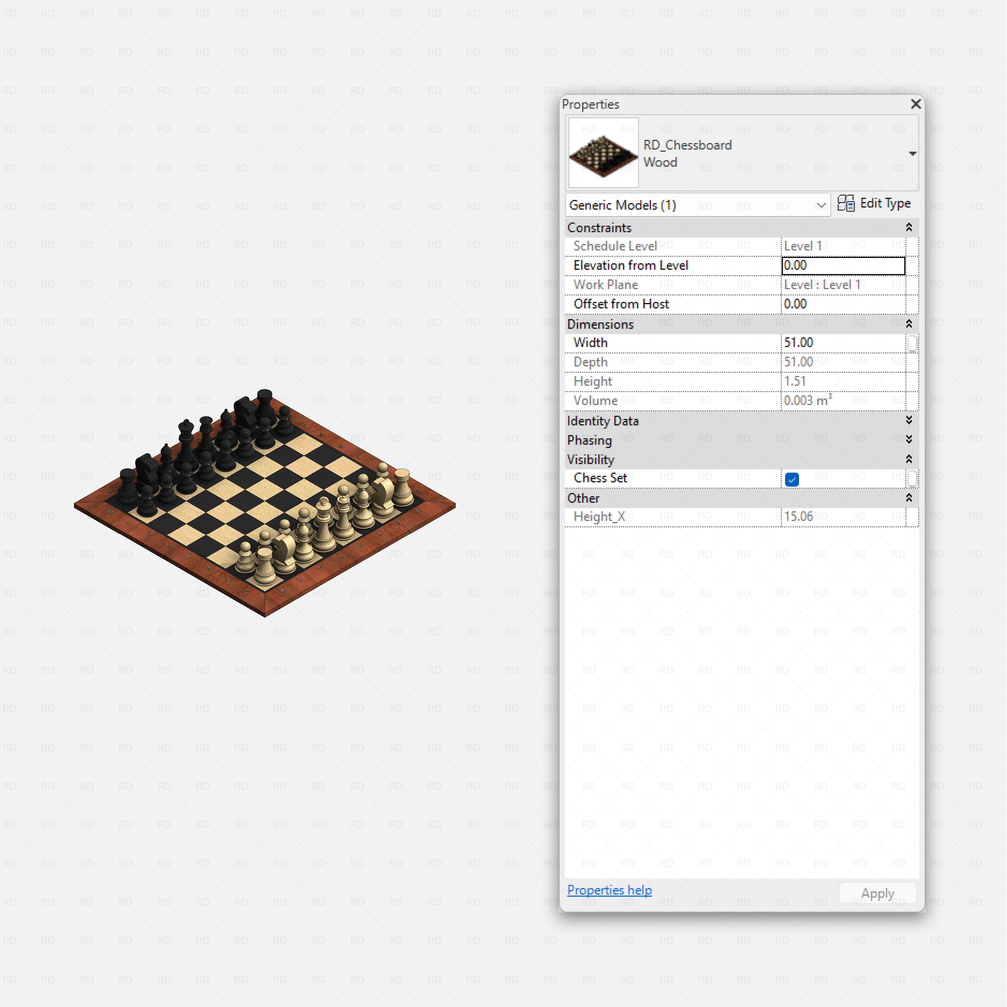Revit barbershop Pack RD Studio BIM blocks rfa wood chessboard decor with full chess set